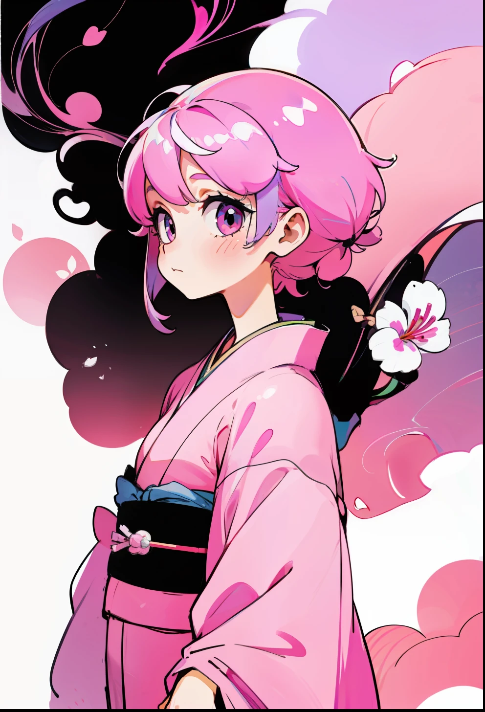 Pastel Pink Hair, 1Girl, in kimono