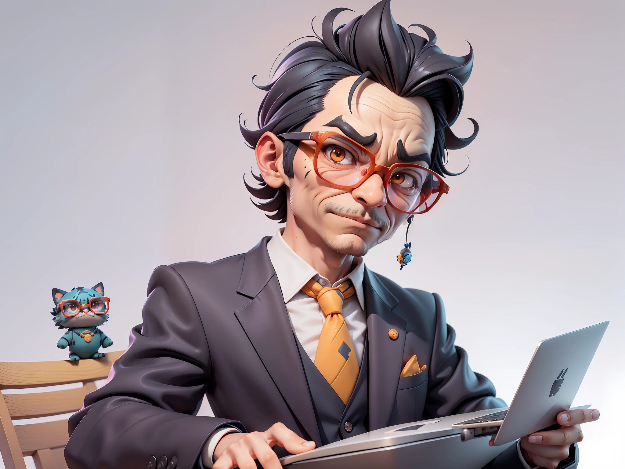 A young man in a suit, Short hair and glasses sat at his desk，holding laptop，digitial painting，tigre，3D character design by Mark Clairen and Pixar and Hayao Miyazaki and Akira Toriyama，4K HD illustration，Very detailed facial features and cartoon-style visuals。