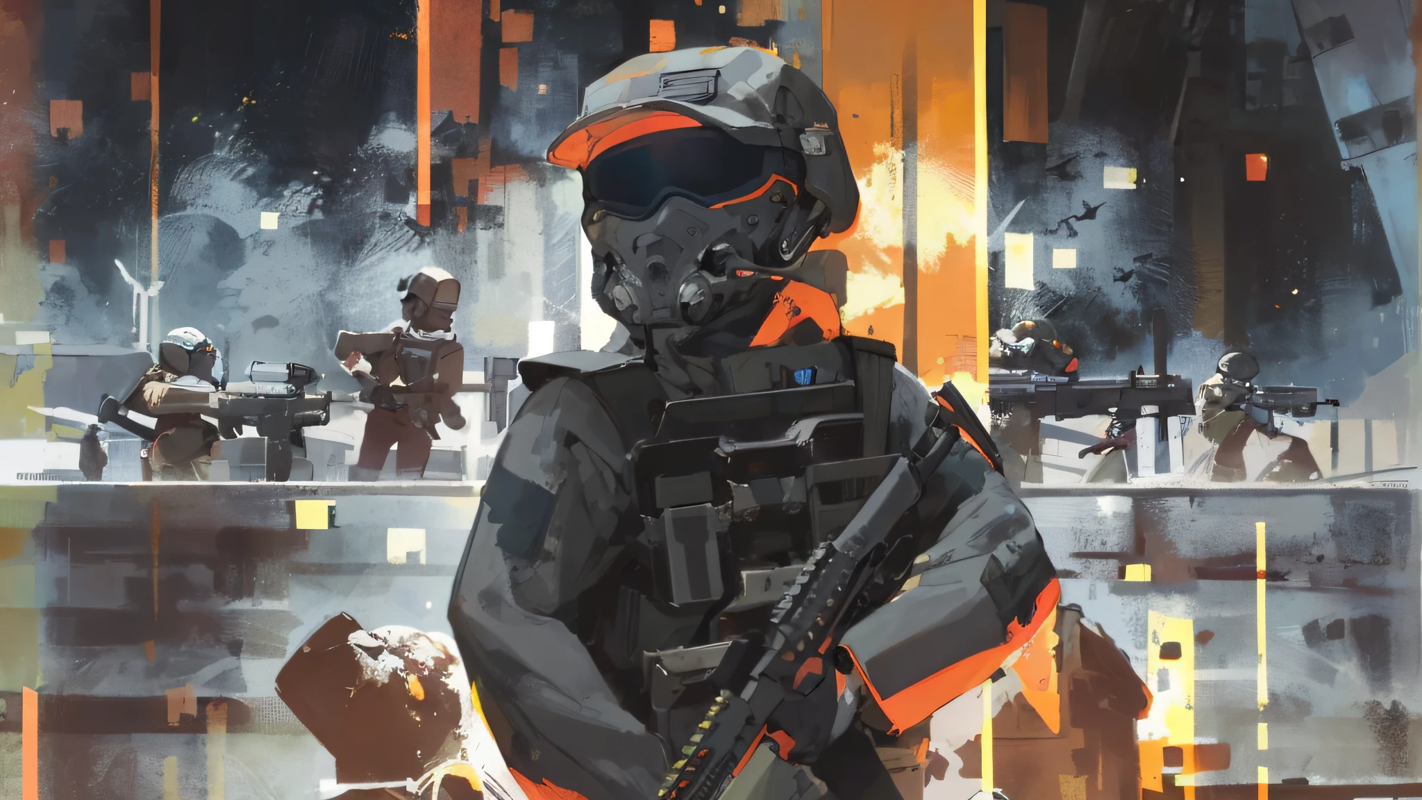 Illustration of a soldier with a gun in a city, Helghast, Arte conceitual do jogo FPS, arte do jogo de capa, soldado futurista, sci-fi soldier, soldado cyberpunk, Capa de um novo videogame, Tactical squads :19, Campo de batalha 4, killzone, arte modular do desenvolvimento de jogos, soldado, advanced digital game coverart, Jogo de FPS, detailed game art illustration