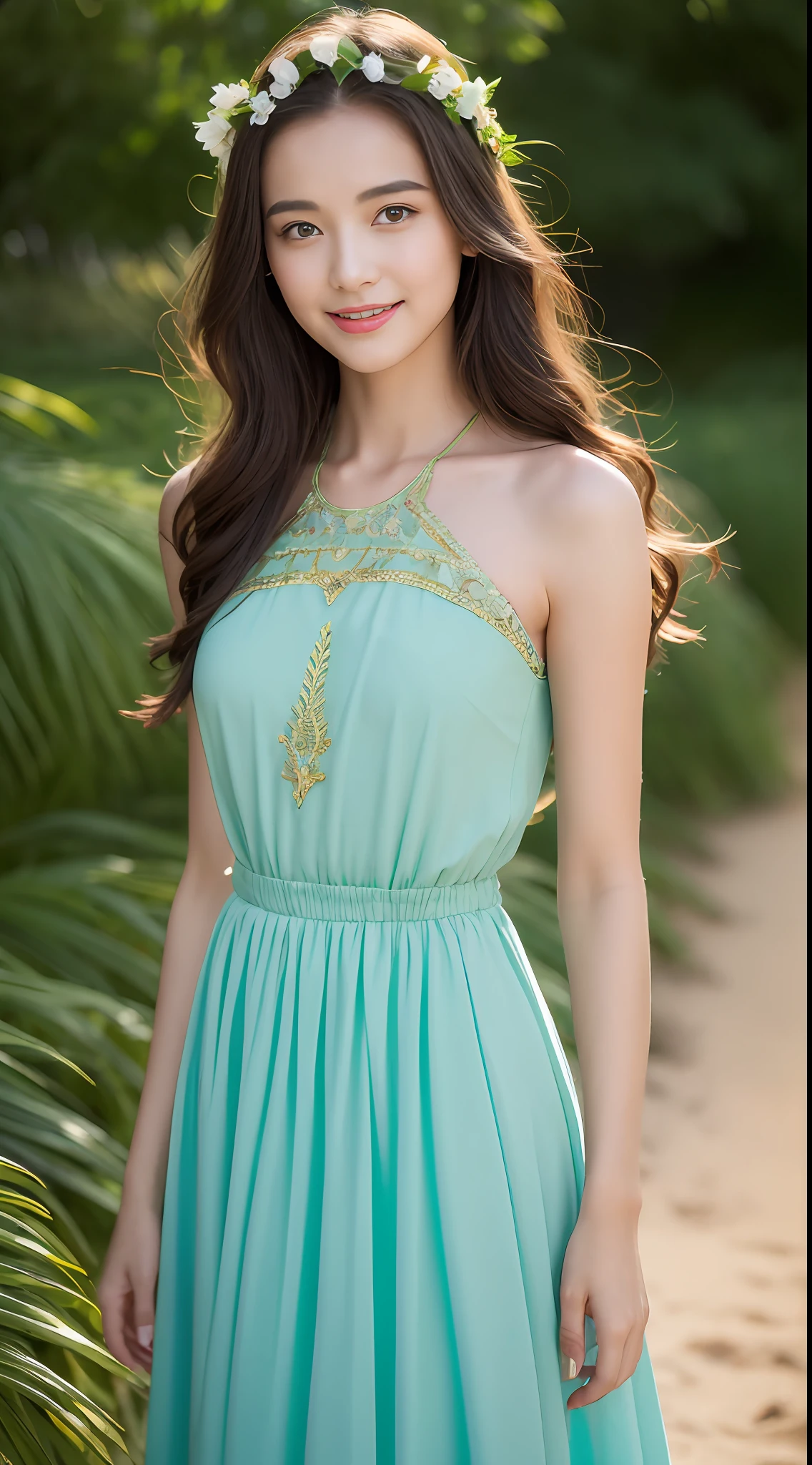 (best qualtiy，8K，32K，tmasterpiece，，realisticlying，The is very detailed, hyper HD：1.2), sea beach，Golden light，Young and beautiful beauty wearing a long light dress，Her skin is white and delicate,  Skin brightening, Star face, Step on fine soft sand，Long hair flutters gently in the breeze，The eyes are dark and bright，Ruddy lips slightly raised，Enchanted smile，Cool long dress，The skirt flutters，The color of the skirt is light blue-green，The material of the skirt is very light，A small garland is worn on the forehead，The color of the garland echoes the skirt