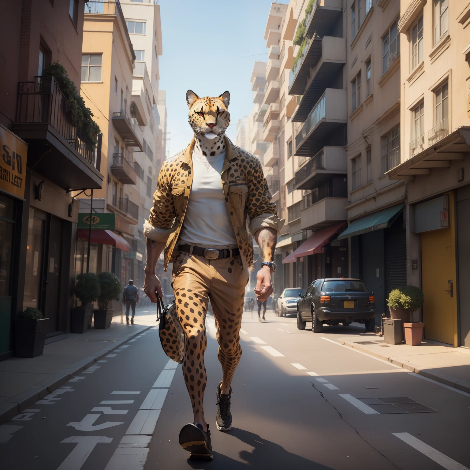 araffe walking down a street in a city with a taxi, humanoid cheetah, spotted ultra realistic, based on a puma, amazing cgi, concept art like ernest khalimov, realistic cgi, urban concept art, 3 d epic illustrations, realistic art style, style of gta v artworks, realistic illustration, realistic cartoon, realistic 3 d style, epic digital art illustration