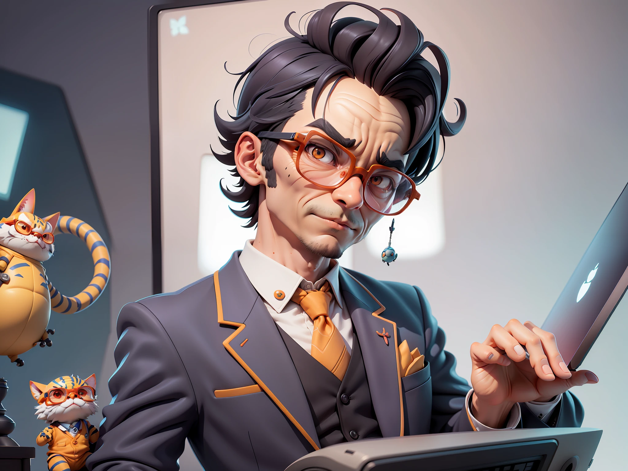 A young man in a suit, Short hair and glasses sat at his desk，holding laptop，digitial painting，tigre，3D character design by Mark Clairen and Pixar and Hayao Miyazaki and Akira Toriyama，4K HD illustration，Very detailed facial features and cartoon-style visuals。