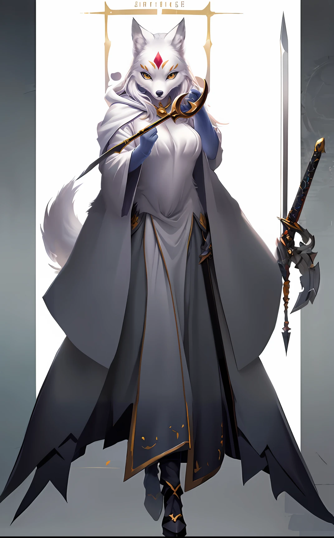 White wolf with sword and cloak, female anthropomorphic wolf, full portrait of elementalist, Dark Fox Mage, cushart krenz key art feminine, art of silverfox, female fursona, RPG Portrait Full Body, anthro art, fullbody rpg portrait, Commission for high resolution, Official Character Art, epic exquisite character art, Wolf's paws