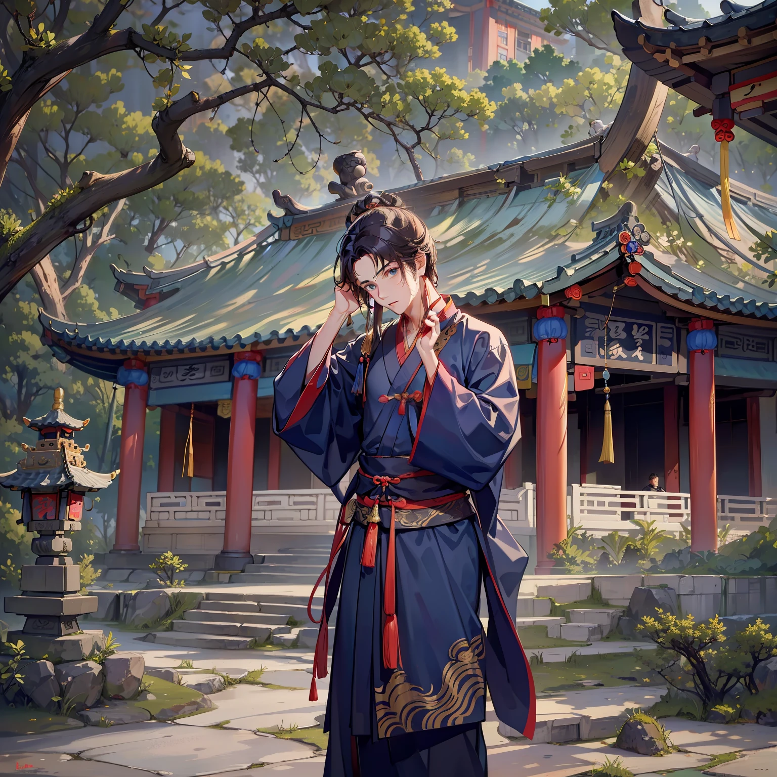 (A young man in a Taoist robe,One hand touches his head,astonishment)
(A dilapidated Taoist temple)
