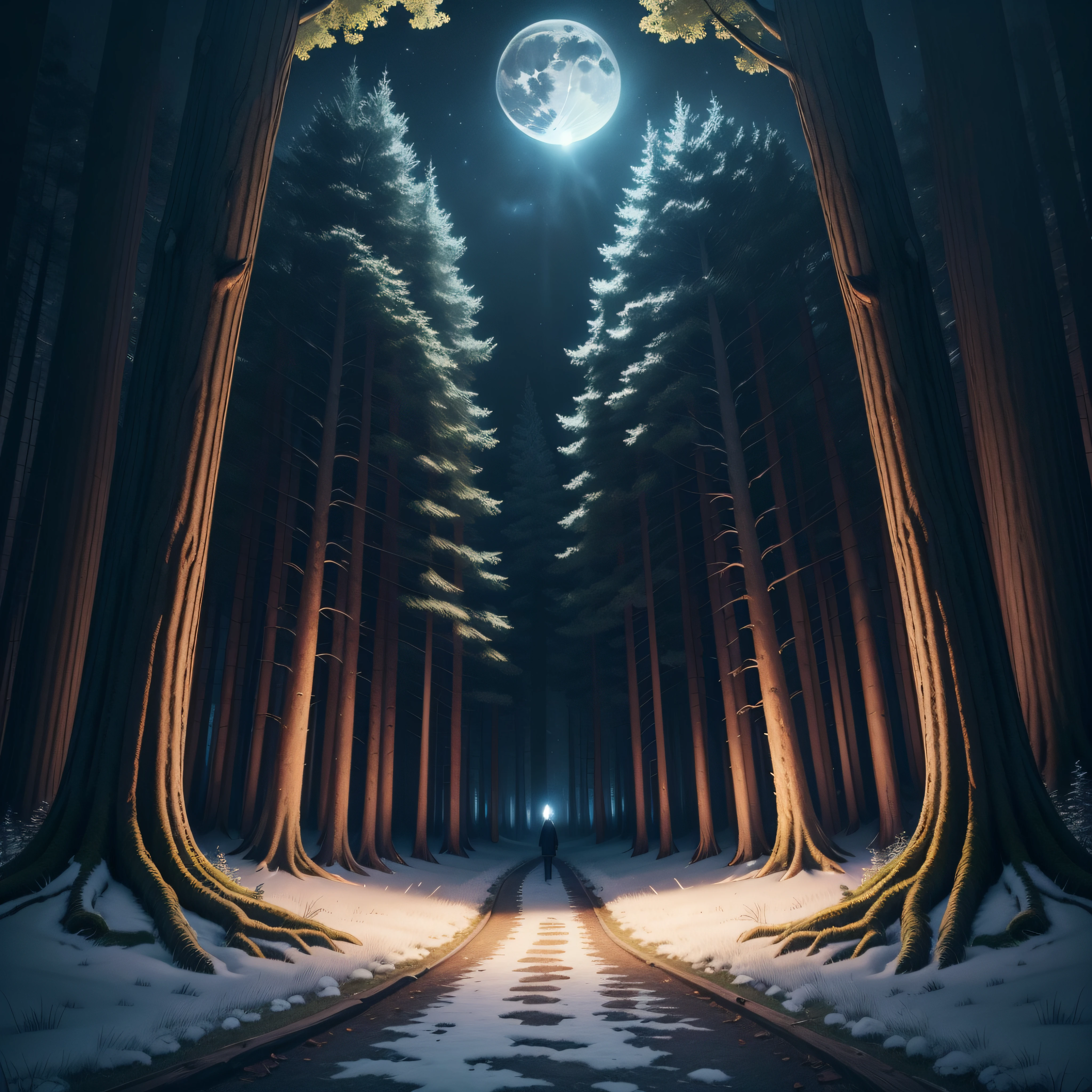masterpiece、top-quality、hightquality、Highly detailed CG Unity 8K wallpapers、Highly detailed CG、high-resolution photo、4,0 million pixel photos、Professional camera work、In the dark forest、From the middle of the dark forest、Full moon directly above the forest at night、Directly above the moon、Lonely forest、spooky forest、dark forest、Cloudless night sky、Moonlight only、There are no people、no Animal、Only in the forest、Full moon only、A towering tree々、Enchanting and dreamy scenes of a fantastic forest、