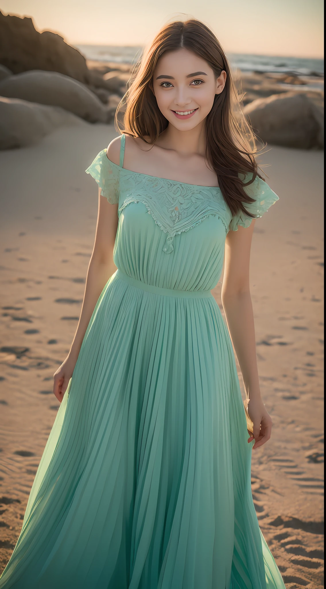 (best qualtiy，8K，32K，tmasterpiece，，realisticlying，The is very detailed, hyper HD：1.2), sea beach，Golden light，Young and beautiful beauty wearing a long light dress，Her skin is white and delicate,  Skin brightening, Star face, Step on fine soft sand，Long hair flutters gently in the breeze，The eyes are dark and bright，Ruddy lips slightly raised，Enchanted smile，Cool long dress，The skirt flutters，The color of the skirt is light blue-green，The material of the skirt is very light，A small garland is worn on the forehead，The color of the garland echoes the skirt