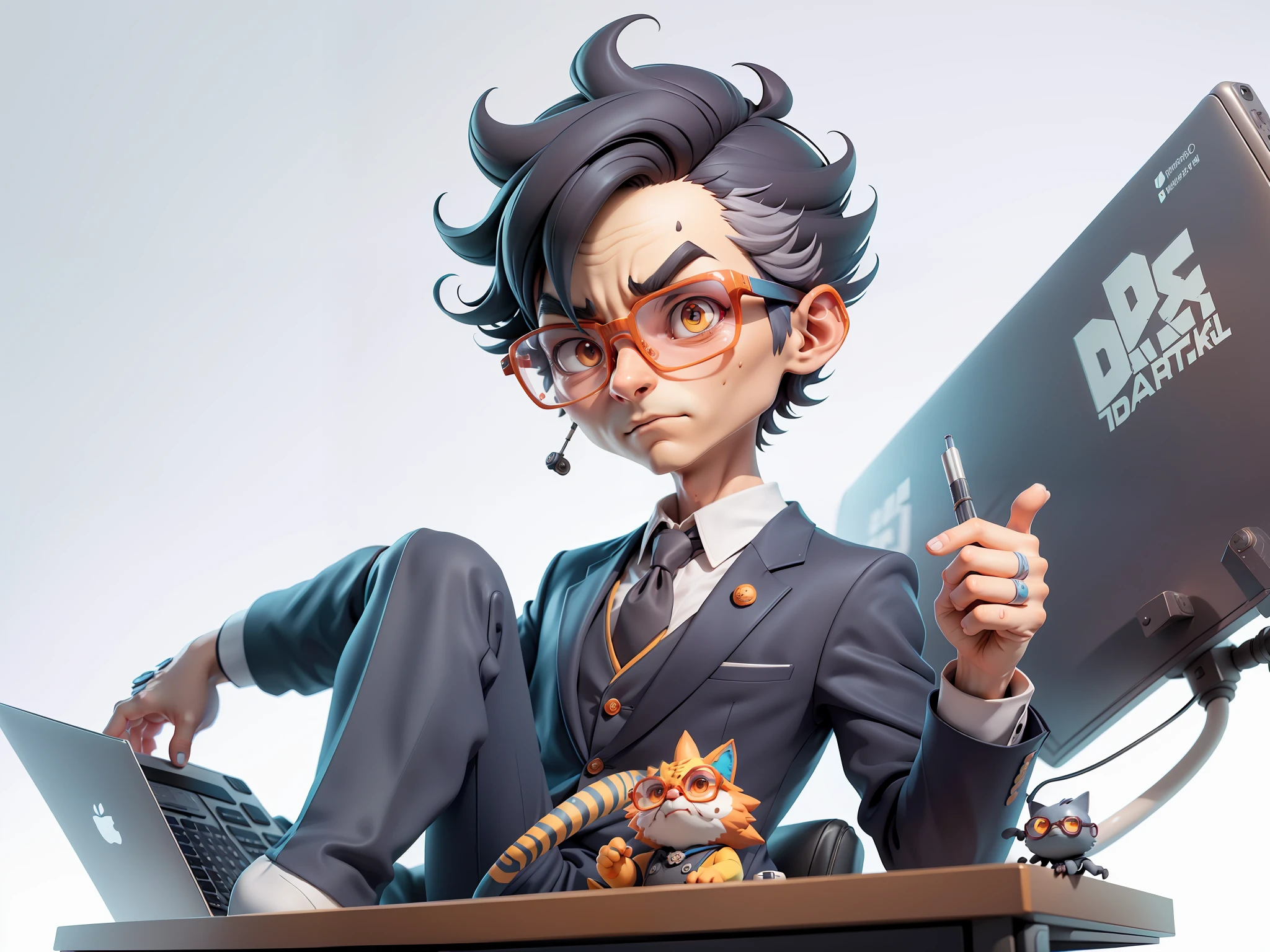 A young man in a suit, Short hair and glasses sat at his desk,holding laptop,digitial painting,tigre,3D character design by Mark Clairen and Pixar and Hayao Miyazaki and Akira Toriyama,4K HD illustration,Very detailed facial features and cartoon-style visuals。