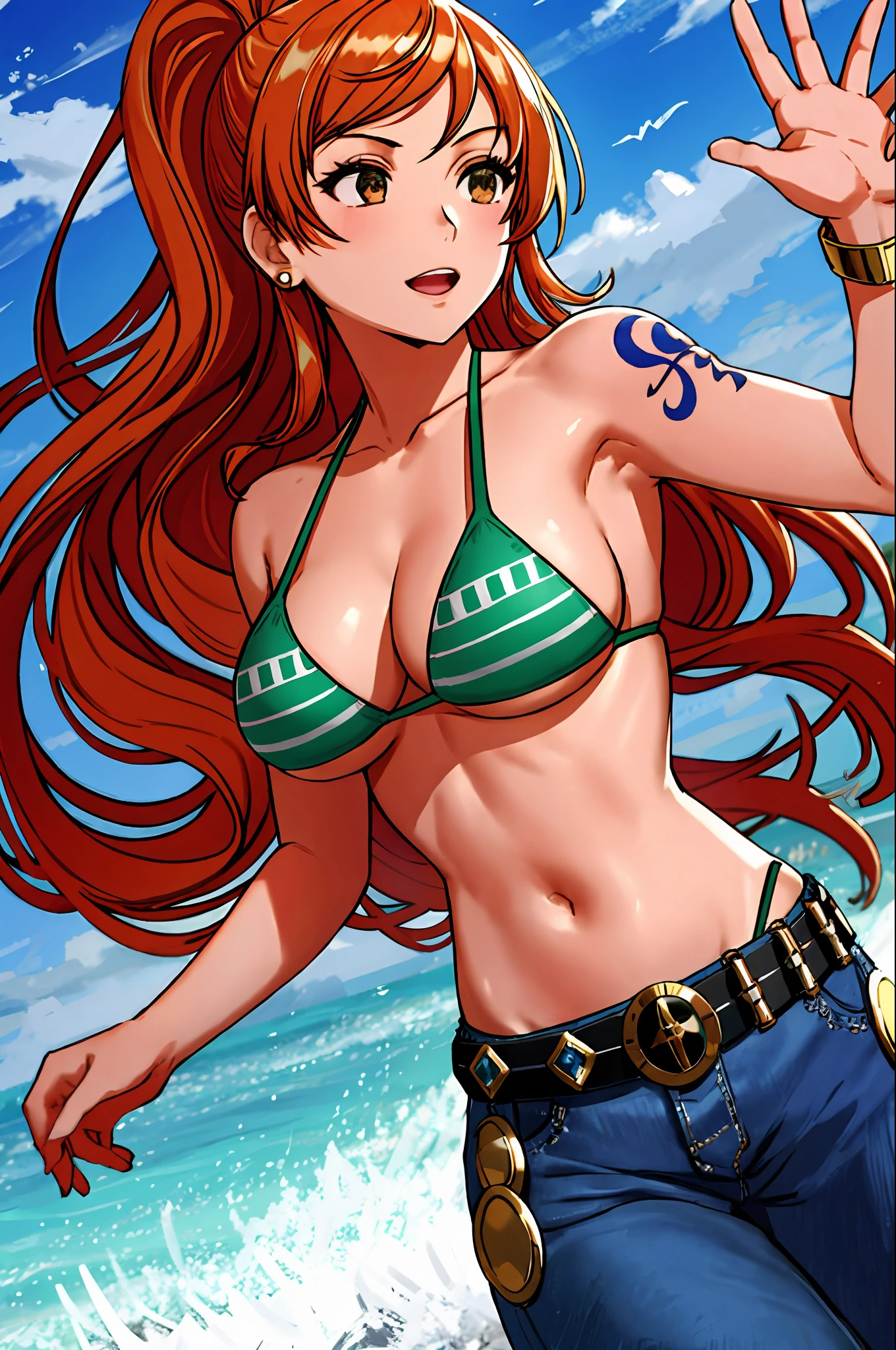 detailed background, masterpiece, 4k, best quality, late youth, adult, wrestler body, 1girl, active, energic, uppercut, (large mouth) , solo, nami \(one piece\), 1girl, bangle, (leaning forward, tilting, waving good bye with both hands, bruises on body, (high very thick Voluminous ponytail, long hair, wavy ponytail)), perfect detailed face, bold drawing lines, muscular arms, detailed bold arm lines, flat jaw, adult woman, wavy wide streaked bangs,(very long left side bangs, lock of hair upward), floating bang streakls, (big cheeks), bare shoulders, off-shoulders, belt, bikini, bikini top only, blue sky, bracelet, springy breasts, breast lines, big round eyes, plain big brown shiny eyes, bubbles, high eye position, cleavage, cloud, day, denim, earrings, floating hair, shiny hair, green belt, green bikini, bold groin lines, jeans, jewelry, large breasts, log pose, long hair, looking at viewer, navel, wet hair, orange hair, pants, shoulder tattoo, sidelocks, sky, solo, standing, stomach, swimsuit, tattoo , looking at viewer, open mouth, detailed left arm, big forehead, hourglass figure, small head, toned body, wide hair, wind effect, sun effect, under the sun, narrow small ears angle, older, random poses,