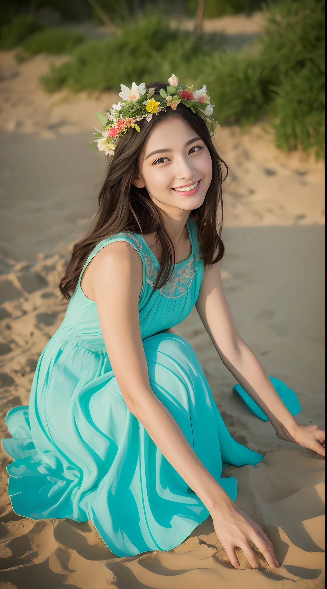 (best qualtiy，8K，32K，tmasterpiece，，realisticlying，The is very detailed, hyper HD：1.2), sea beach，The golden glow reflects the entire beach，Render a captivating color，A young and beautiful beauty wore a long light dress，Her skin is white and delicate, Star face, Treading on fine soft sand，Long hair gently flutters gently and gently with the breeze，The eyes are dark and bright，Ruddy lips slightly raised，Enchanted smile，Cool long dress，The skirt flutters，The color of the skirt is a light blue-green，The material of the skirt is light，A small garland is worn on his forehead，The color of the garland echoes the skirt