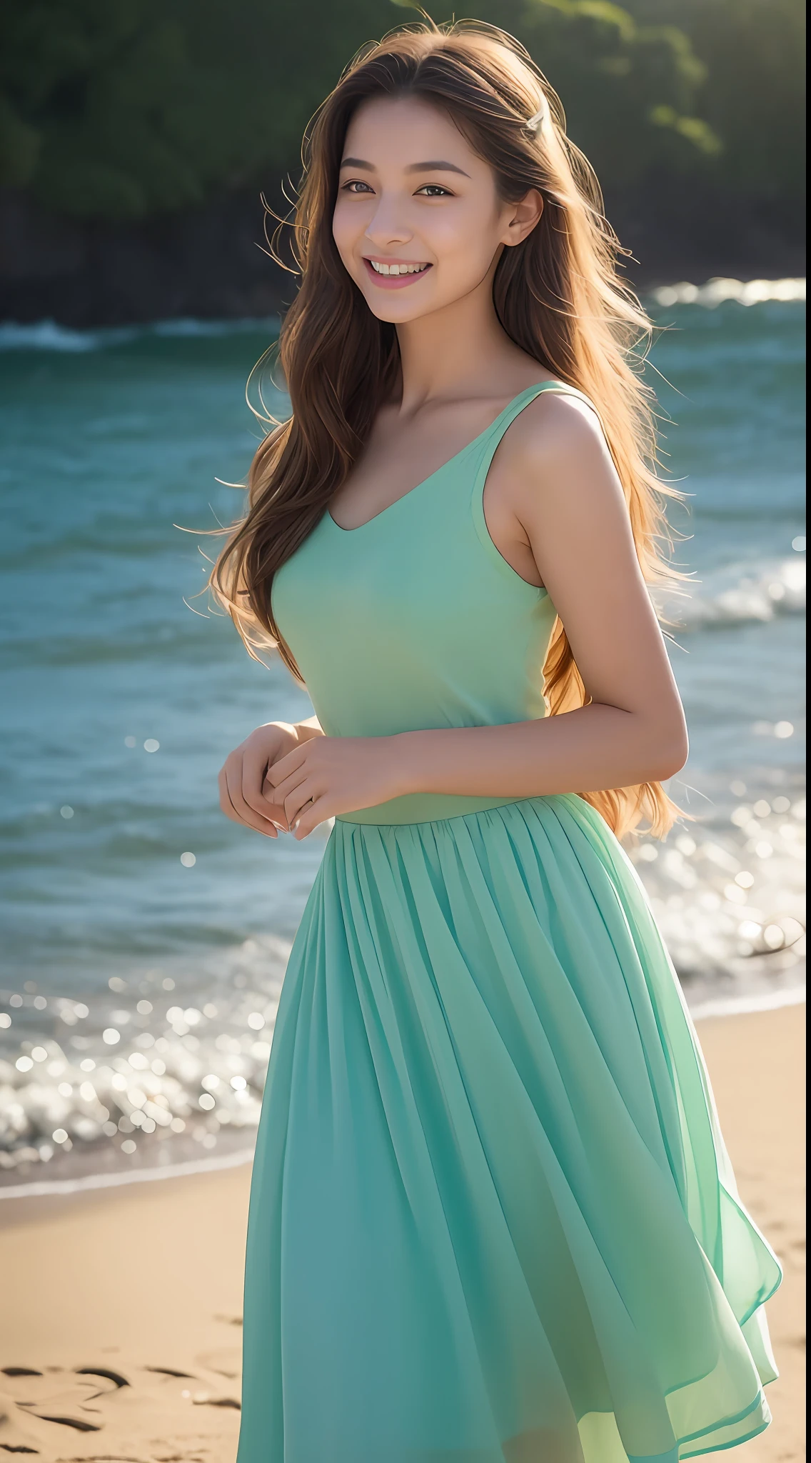 (best qualtiy,8K,32K,tmasterpiece,,realisticlying,The is very detailed, hyper HD:1.2), sea beach,The golden glow reflects the entire beach,Render a captivating color,A young and beautiful beauty wore a long light dress,Her skin is white and delicate, Star face, Treading on fine soft sand,Long hair gently flutters gently and gently with the breeze,The eyes are dark and bright,Ruddy lips slightly raised,Enchanted smile,Cool long dress,The skirt flutters,The color of the skirt is a light blue-green,The material of the skirt is light,A small garland is worn on his forehead,The color of the garland echoes the skirt