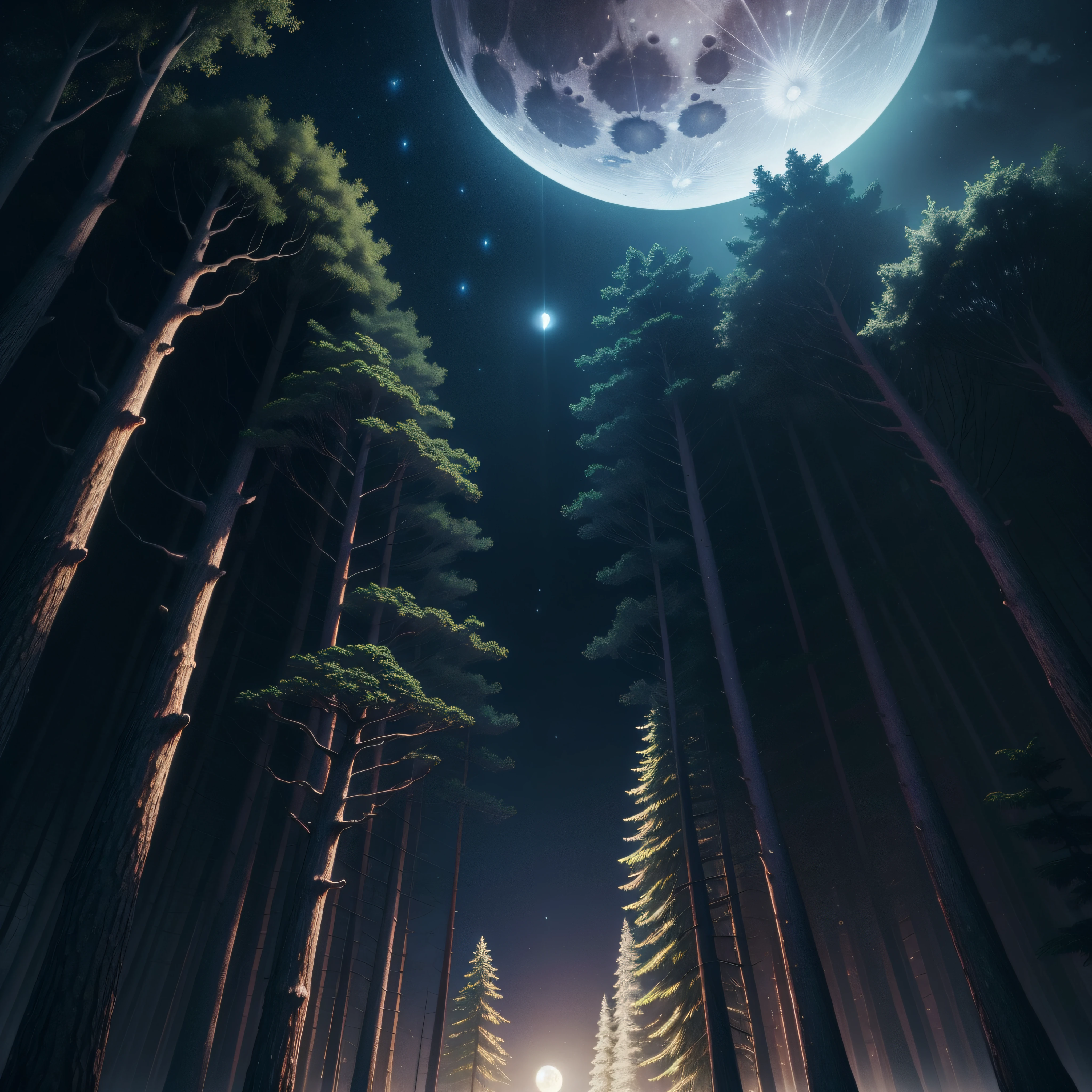 ​masterpiece、top-quality、hightquality、Highly detailed CG Unity 8K wallpapers、Highly detailed CG、high-resolution photo、4,0 million pixel photos、Professional camera work、In the dark forest、From the middle of the dark forest、Full moon directly above the forest at night、Directly above the moon、Lonely forest、spooky forest、dark  forest、Cloudless night sky、Moonlight only、There are no people、no Animal、Only in the forest、Full moon only、A towering tree々、Enchanting and dreamy scenes of a fantastic forest、