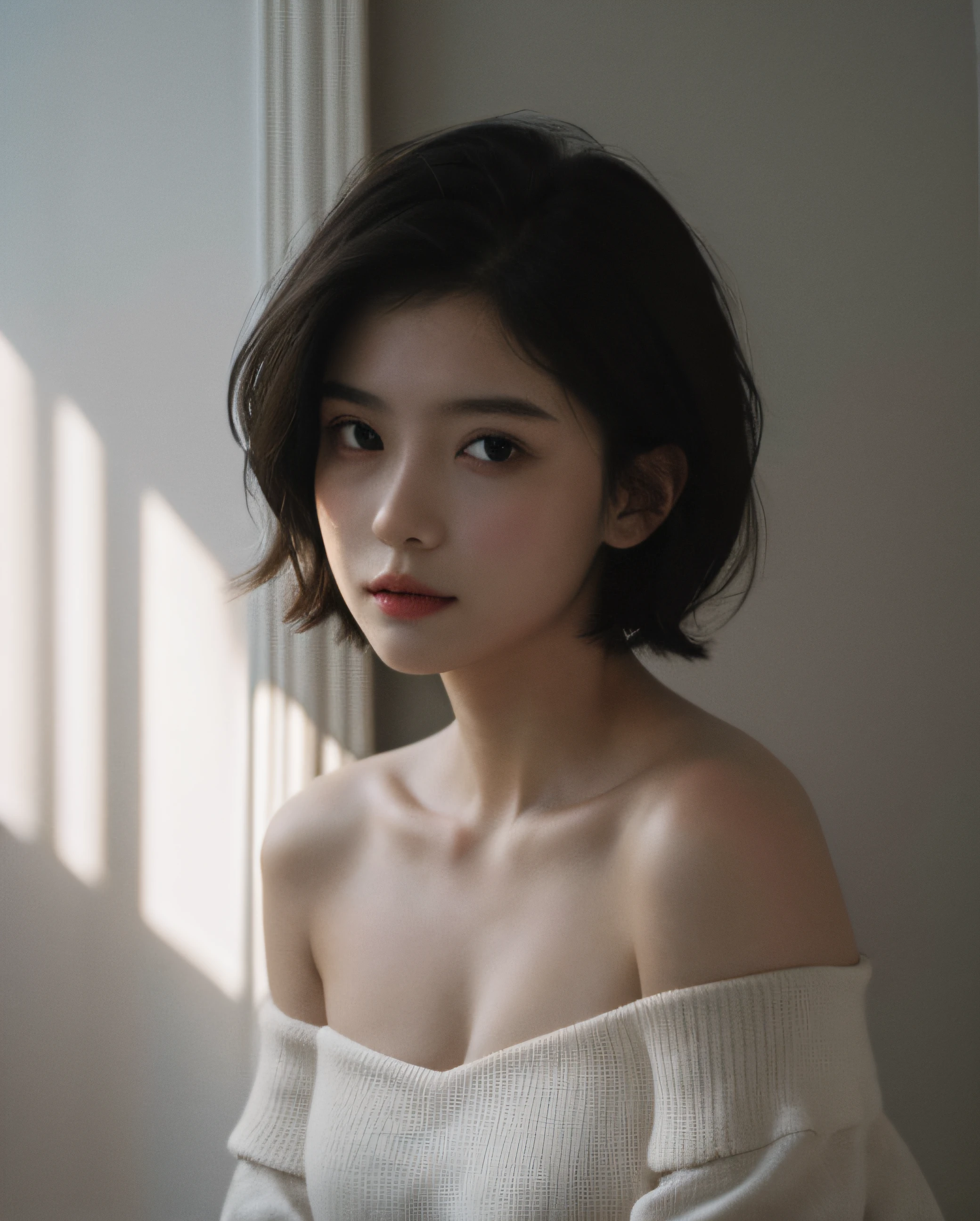 Best quality, masterpiece, ultra high res, (photorealistic:1.5), raw photo, 1girl, offshoulder, in the dark, deep shadow, low key, cold light, sexy look, short hair