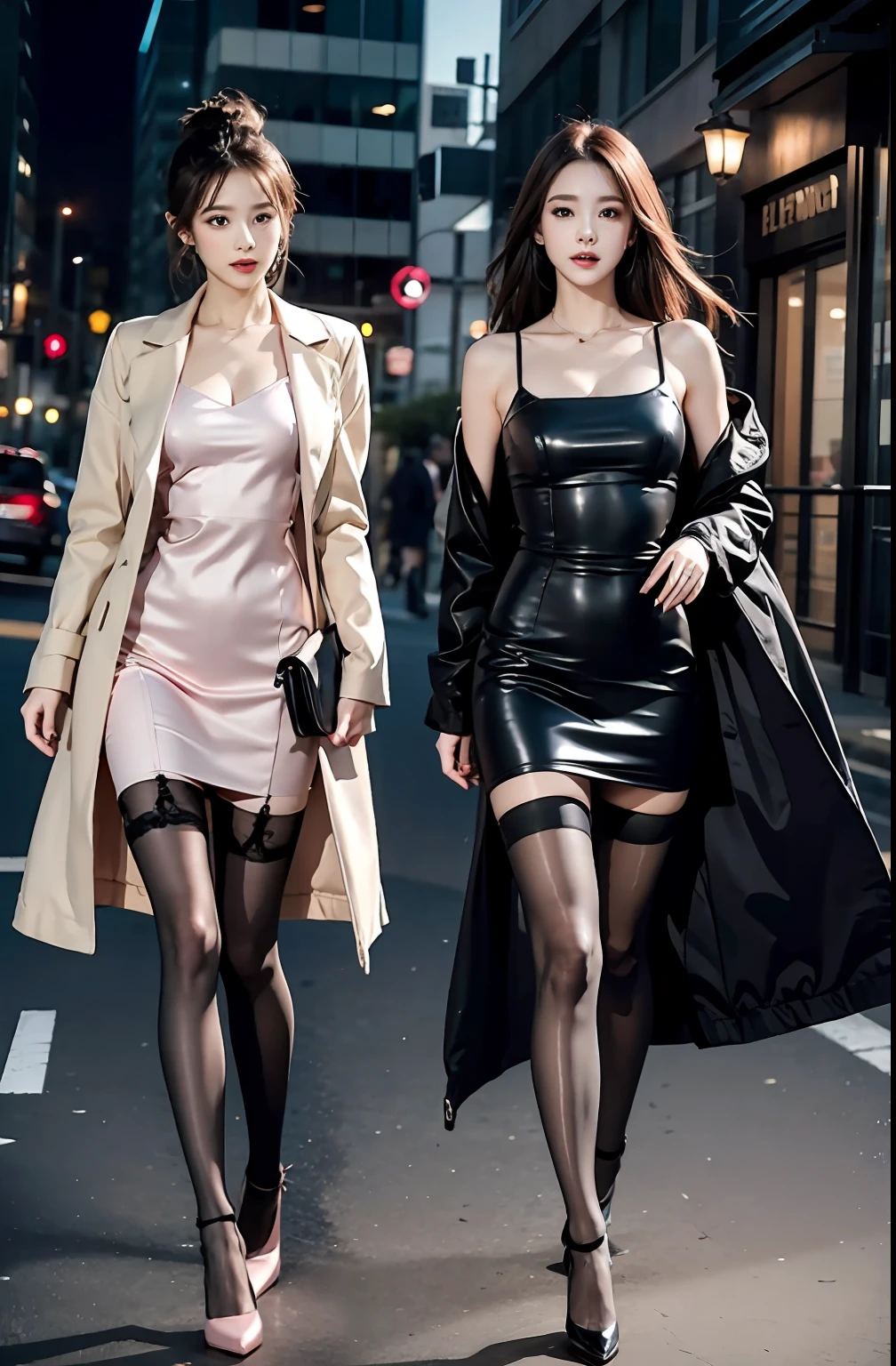 Pink slip dress，s delicate face，slender leg，black lence stockings，high-heels，wind coat