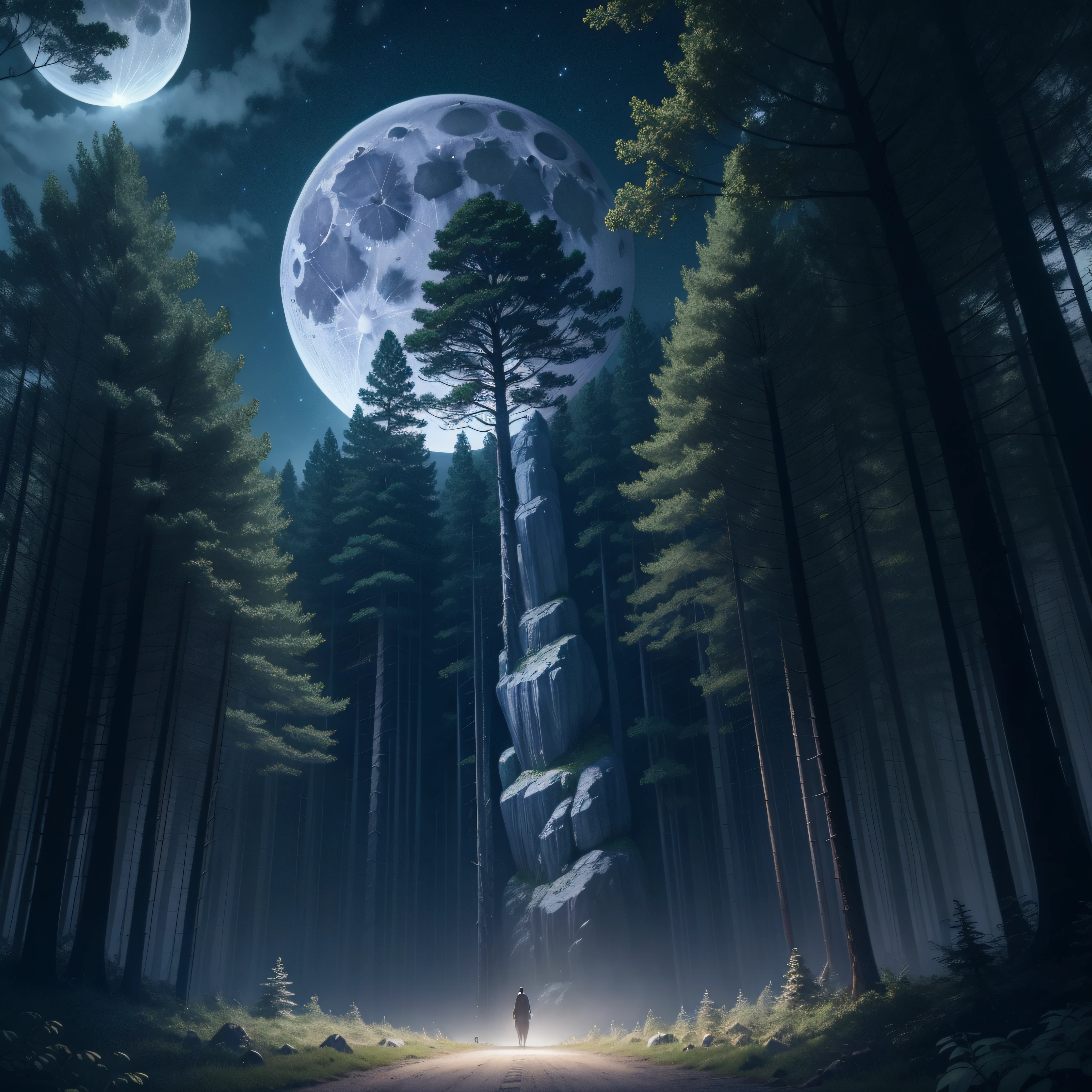 masterpiece、top-quality、in 8K、realisticlying、Highly detailed CG、Fully Focused、
masterpiece、top-quality、hightquality、Highly detailed CG Unity 8K wallpapers、Highly detailed CG、high-resolution photo、4,0 million pixel photos、Professional camera work、In the dark forest、From the middle of the dark forest、Full moon directly above the forest at night、Directly above the moon、Lonely forest、spooky forest、dark forest、Cloudless night sky、Moonlight only、There are no people、no Animal、Only in the forest、Full moon only、A towering tree々、Enchanting and dreamy scenes of a fantastic forest、