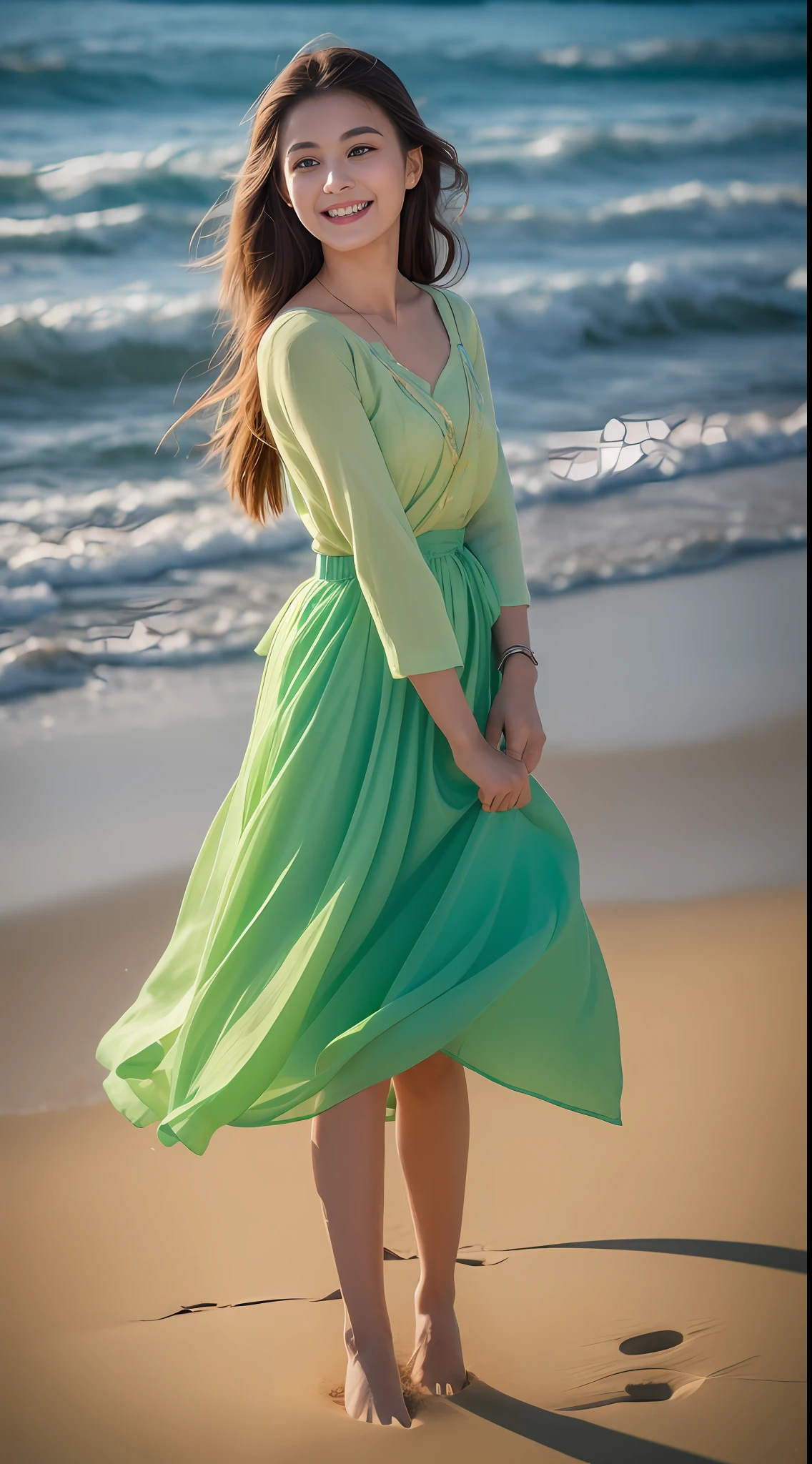 (best qualtiy，8K，32K，tmasterpiece，，realisticlying，The is very detailed, hyper HD：1.2), sea beach，The golden glow reflects the entire beach，Render a captivating color，A young and beautiful beauty wore a long light dress，Treading on fine soft sand，Long hair gently flutters gently and gently with the breeze，The eyes are dark and bright，Ruddy lips slightly raised，Enchanted smile，Cool long dress，The skirt flutters，The color of the skirt is a light blue-green，The material of the skirt is light，A small garland is worn on his forehead，The color of the garland echoes the skirt