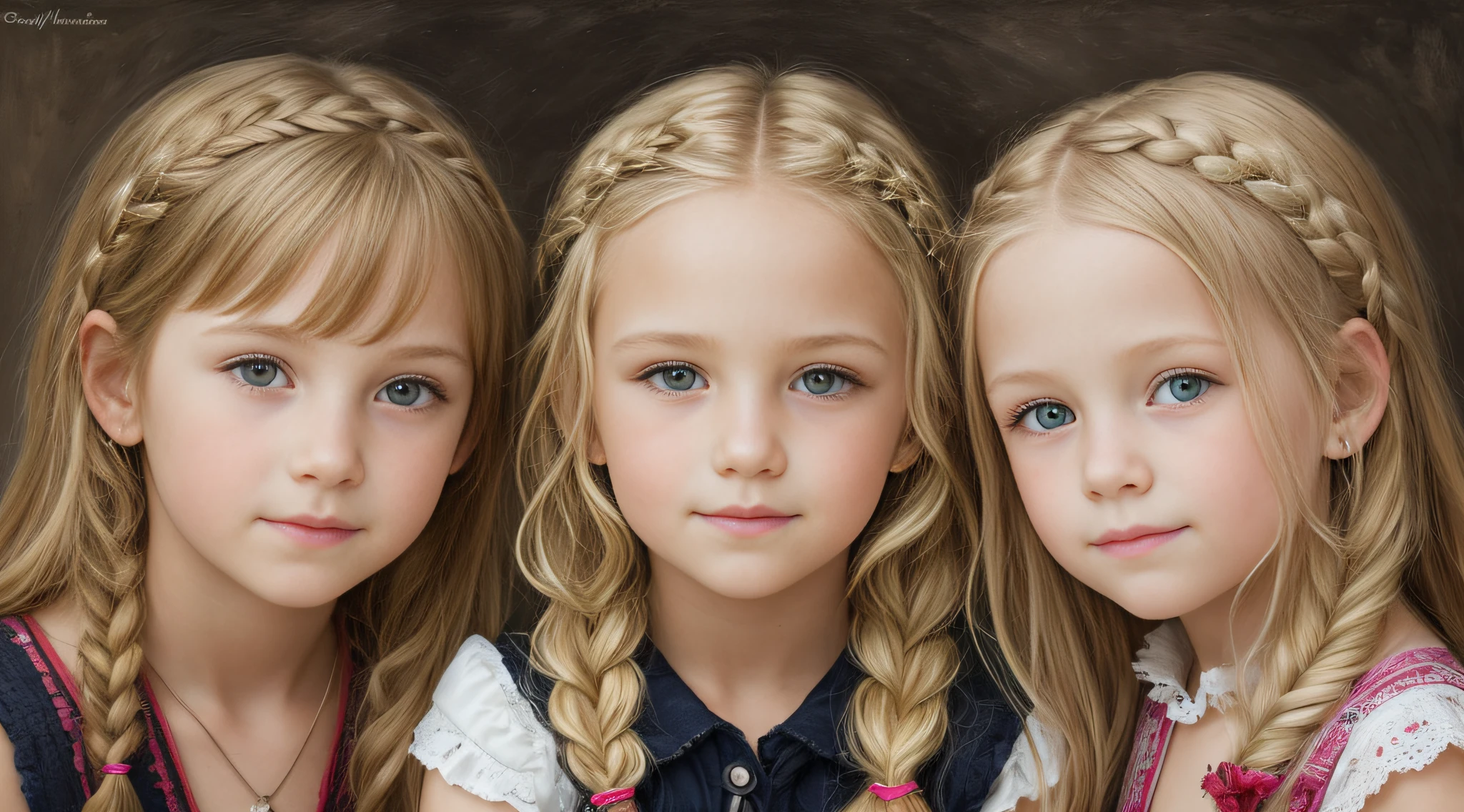 Portrait of 3 girls German children long blonde hair BRAIDS , gelo, neve, muita neve, gelo.