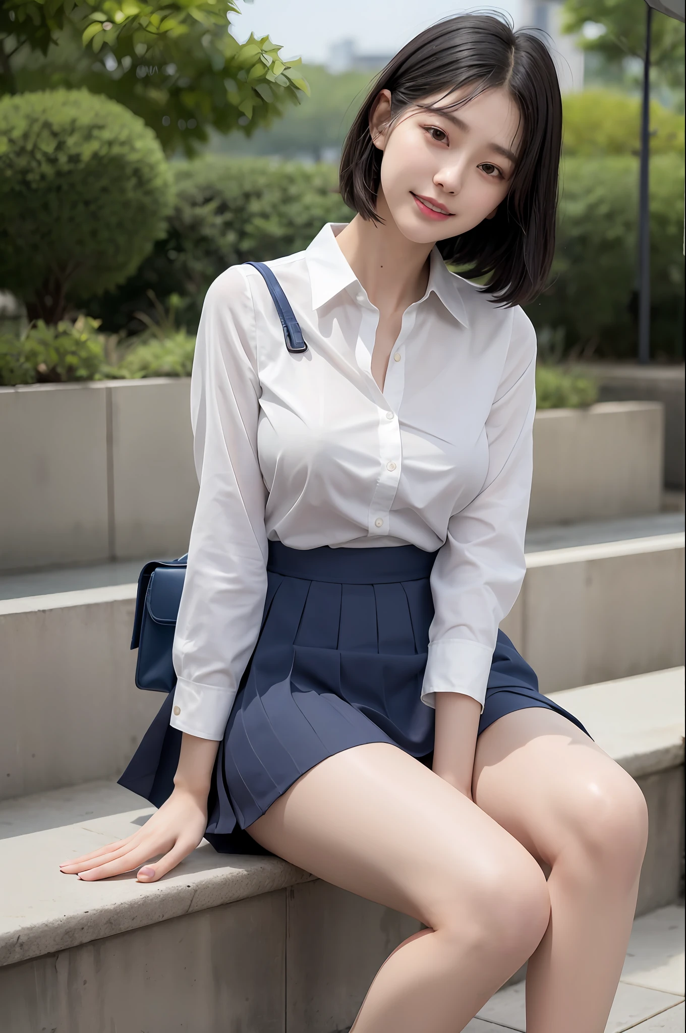 Photo Real、photoRealstic Dark hair、Short hair、wetting hair with round face、drooing eyes、hi-school girl、japanes、、Beautiful skin white shirt、Unbuttoned shirt、Navy blue skirt、very very short skirt large full breasts、clit、vaginal、Female genitals、a large amount of fluid throughout the body,, Pose with bold legs open、Sit boldly、Show off your crotch、Smiling under the rain、Public places