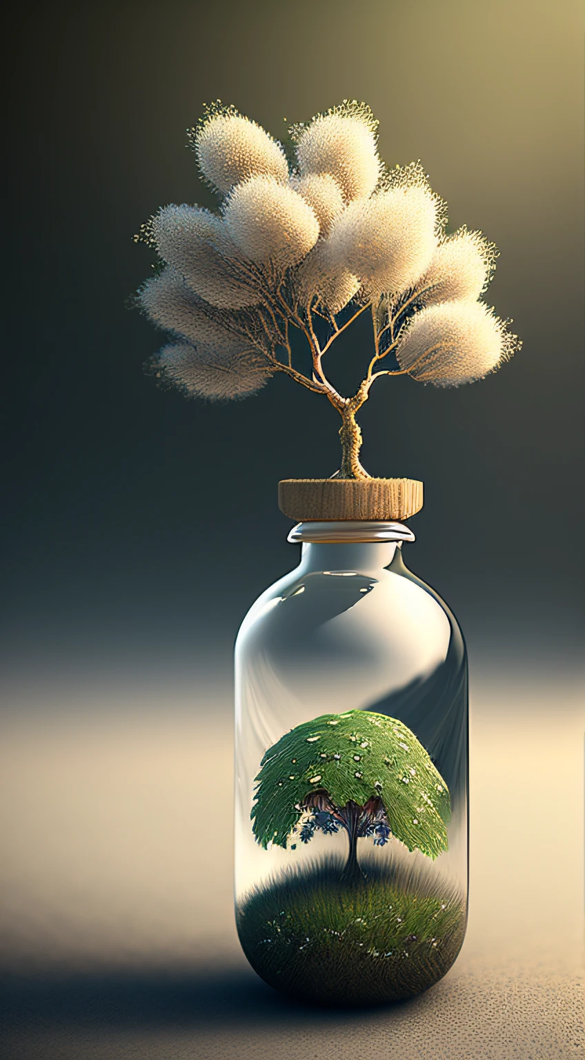 Fantastic art tree in a bottle,fluffly,realisticlying,photore,dream-like,Artistically,Creative leaves and branches,There are flowers on the top of the head。 Ultra-detailed photorealism by Greg Rutkowski - H 1024 W 804 | f 1 6 lens mark 2:2 s 3555 mm film grains :1 Lifelike high-resolution clear focus contrast!!Intricately detailed atmospheric refractive illumination Unreal Engine 5 cinematic concept photography masterpiece Octane renders trend renders on cgsociety
