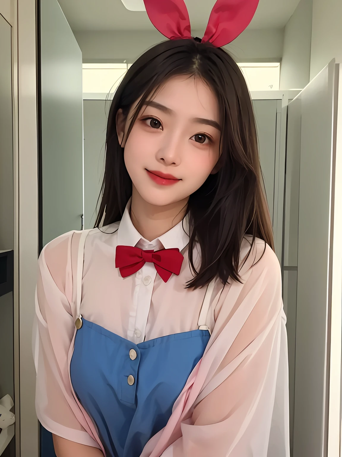 人物:Real people,Peerless beauty,cute female child,solo person,(((A girl with Hashimoto's facial features))), countenance:Delicate and beautiful facial features,Oily red lip,A sweet smile,ssmile,Smile without showing your teeth,Pure,Blushing face,Beautiful CG, Body:Delicate skin,Shiny,Moisturizes skin, dressed in:((bunnygirl)),(Pink translucent top 1.5),(Blue and red)Smart bow tie,button to undo the picture quality:Highest image quality,tmasterpiece, Faraway view, Rating:Safety