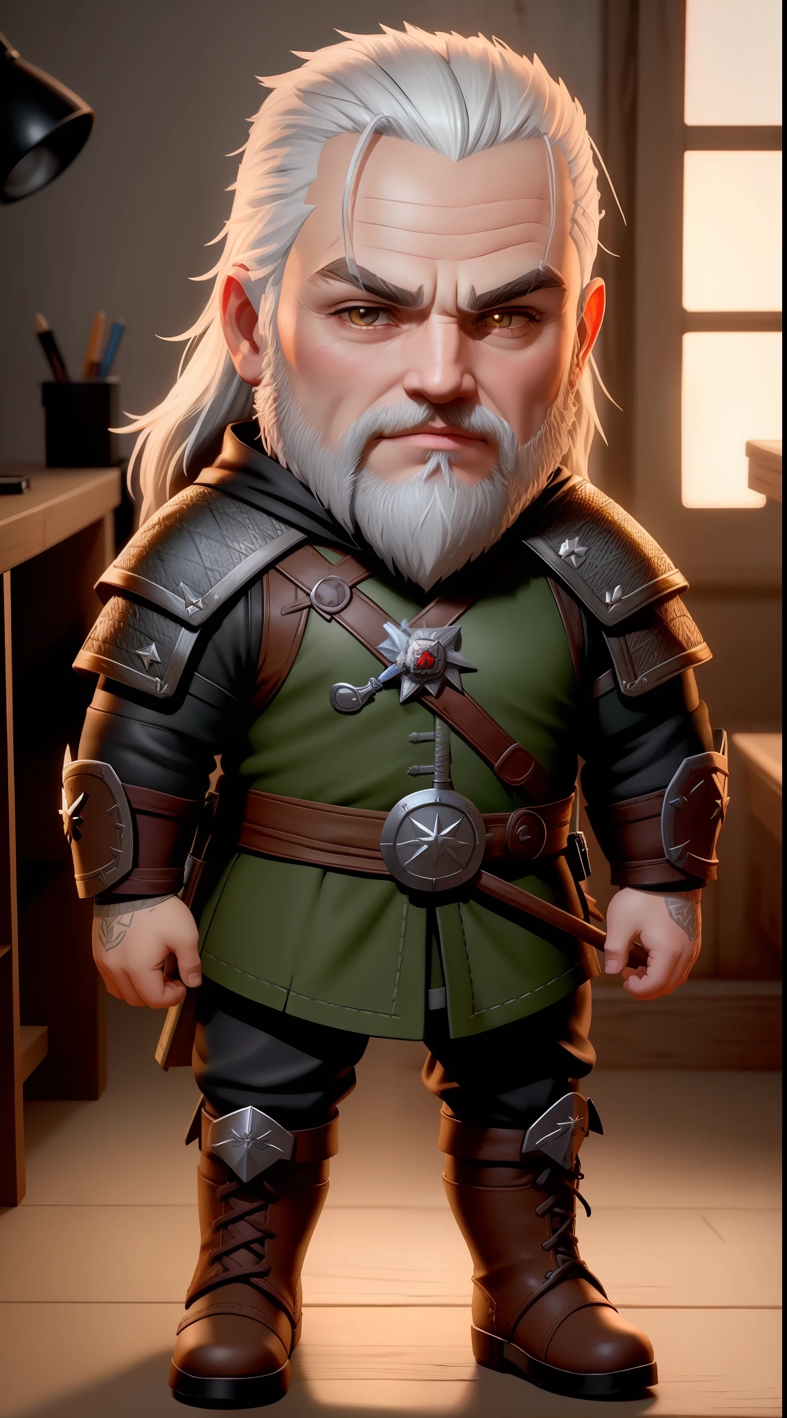 cute little geralt from Witcher game, chibi, ultra detailed, pixar design, 4k, uhd, studio lighting, full body, beard, bald, modern disney style