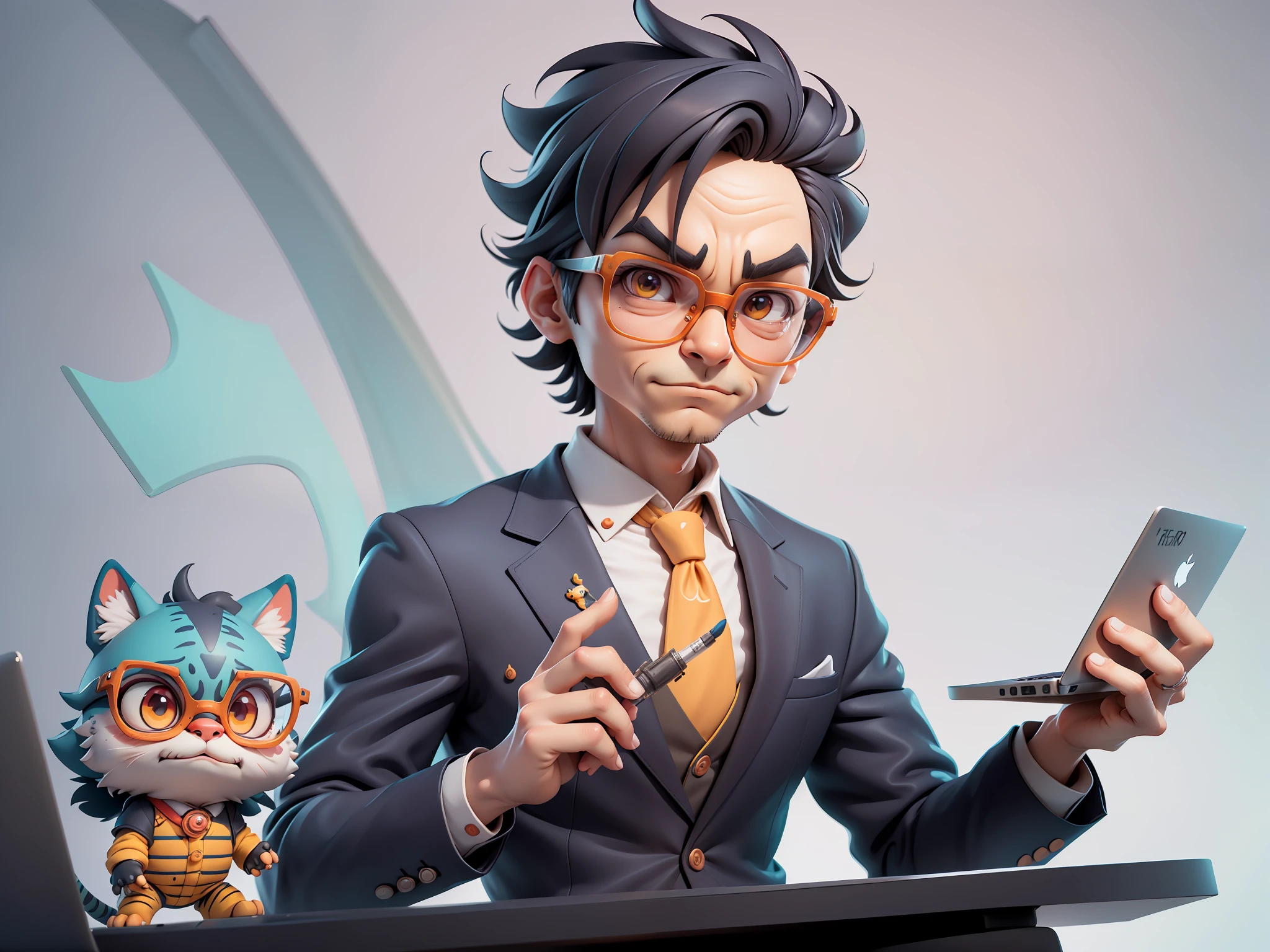 A young man in a suit, Short hair and glasses sat at his desk,holding laptop,digitial painting,tigre,3D character design by Mark Clairen and Pixar and Hayao Miyazaki and Akira Toriyama,4K HD illustration,Very detailed facial features and cartoon-style visuals。