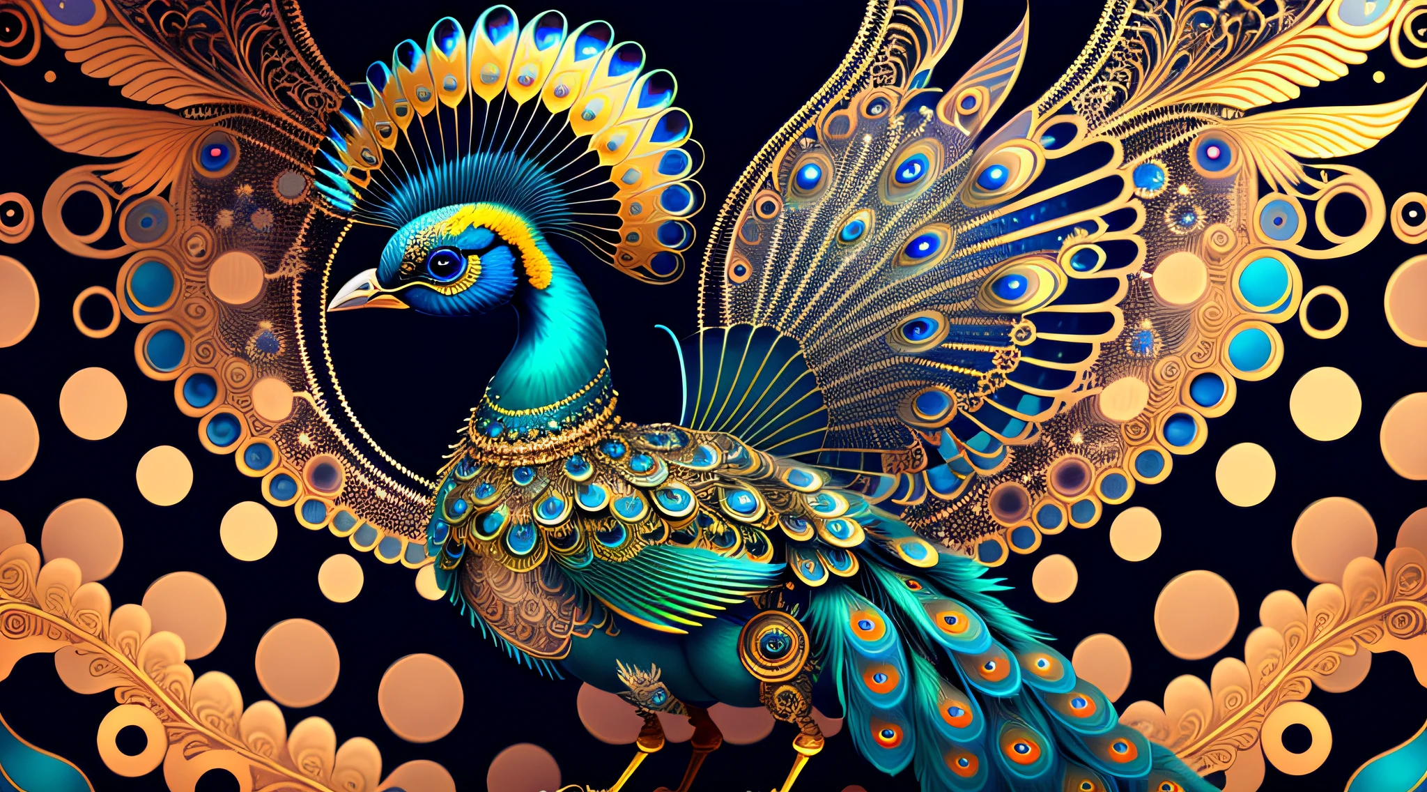 android mechnical peacock,robot wings,earnst haeckel, james jean. generative art, baroque, intricate patterns, fractalism, movie still, photorealistic, vibrant peacock feathers, intricate, elegant, highly detailed, digital painting, artstation, smooth, sharp focus, illustration, outrun, vaporware,full body shot