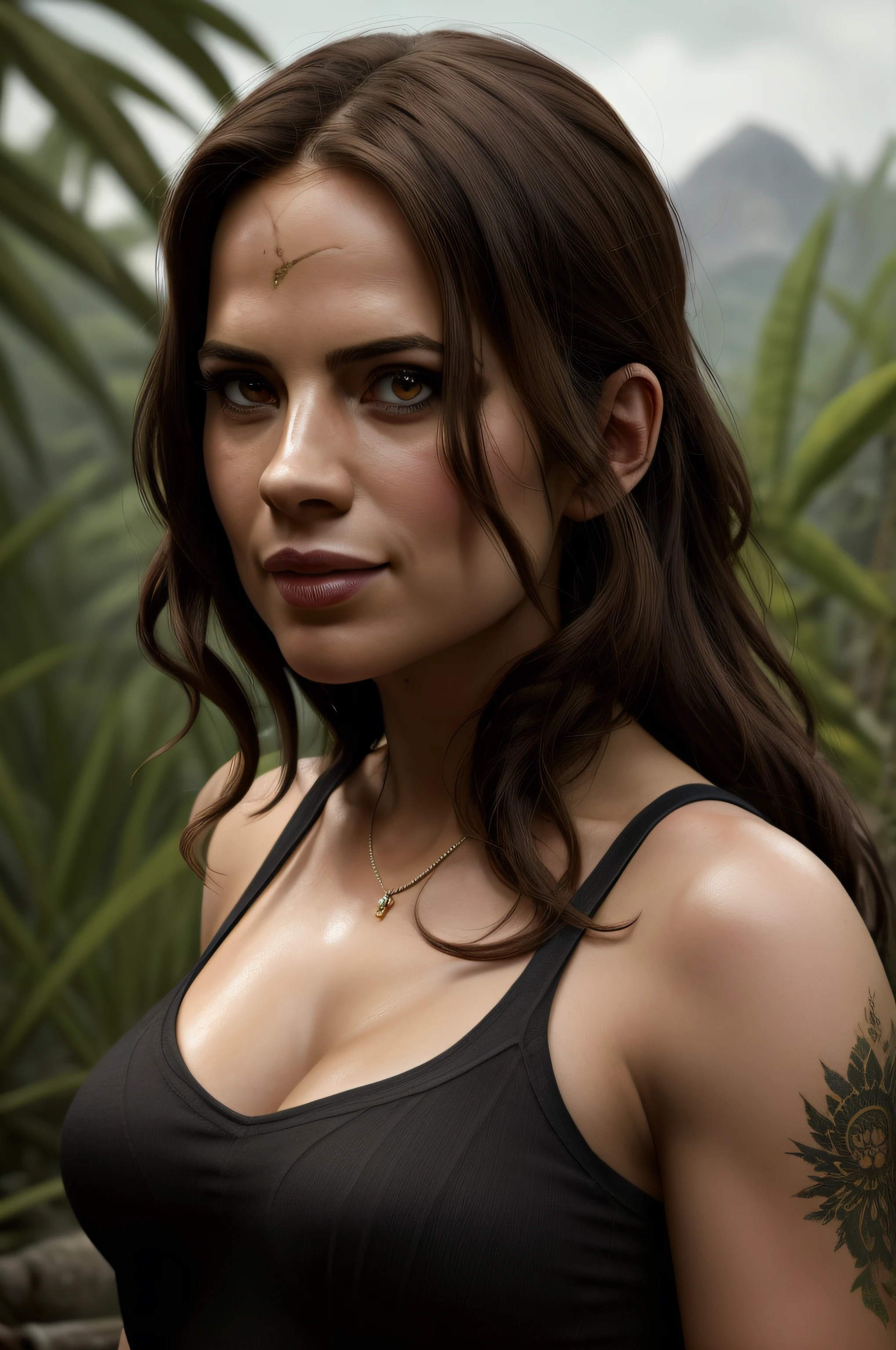 Beautiful woman, Hayley Atwell, superhero, wearing a (Lara Croft cosplay), tomb raider, beautiful legs, (long curly hair), detailed eyes, (detailed realistic face), blush, confident smile, highly detailed, modelshoot style, (extremely detailed CG unity 8k wallpaper), (whole body shoot) photo of the most beautiful artwork in the world, jungle, fashion top model, trending on ArtStation, trending on CGSociety, Intricate, High Detail, Sharp focus, dramatic, photorealistic painting art by midjourney