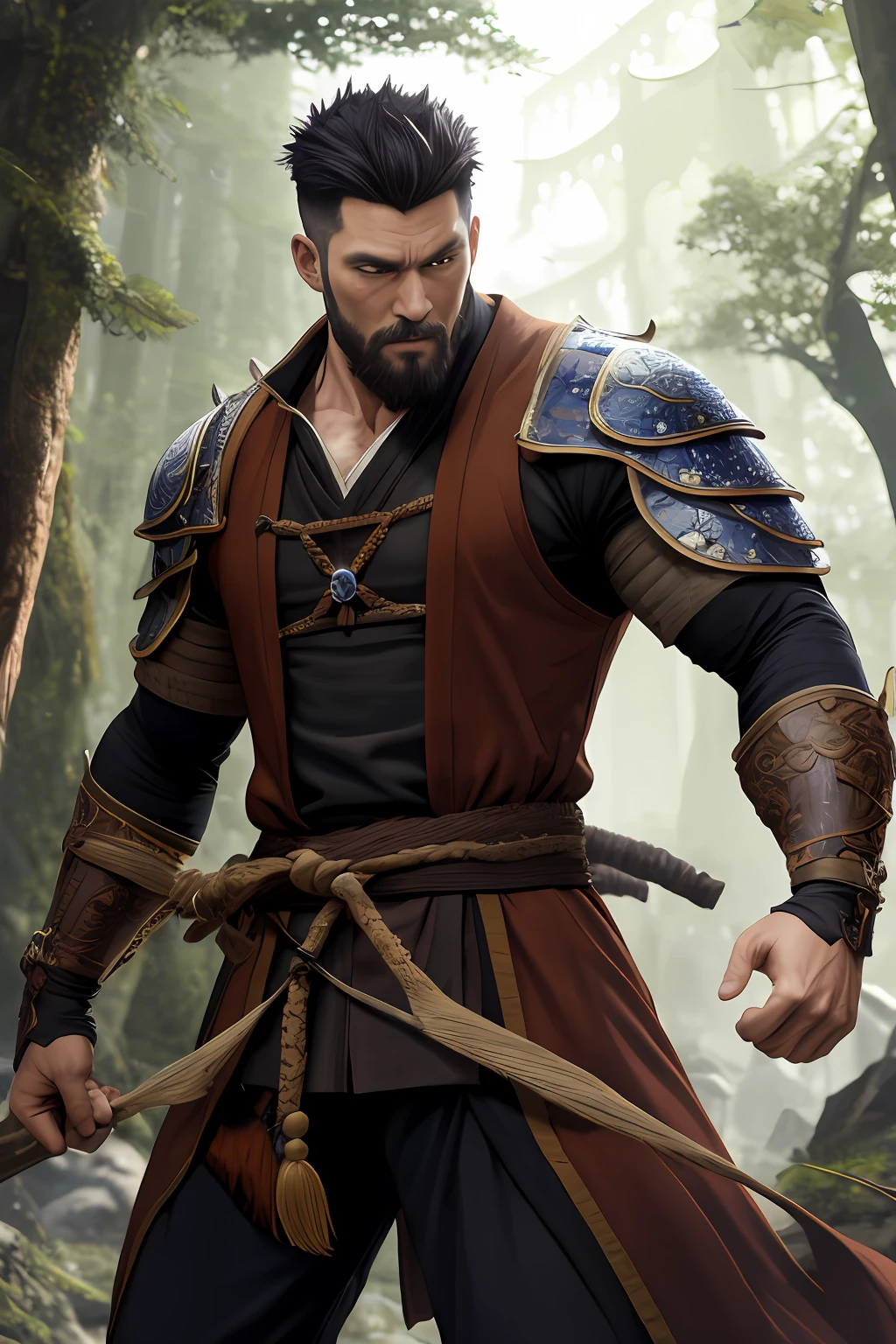 (absurderes、hight resolution、ultra-detailliert)、1male people、25-years old、a handsome、tall muscular man、broad shoulder、extra very short hair、Undercut、dark-brown eyes、finely eye and detailed face、the Extremely Detailed CG Unity 8K Wallpapers、intricate detailes、(style-swirlmagic:0.7)、Look at viewers、独奏、(full body Esbian:0.6)、细致背景、A detailed face、(European Medieval Fantasy Theme:1.1)、Hair flowing in the wind、 Martial artist、Dynamic Poses、battle posture、hold fists、Fingerless gloves、wrist wrap、Dragon themed clothing、monk's robe、Forest in the background、swirling floating particles、dynamic compositions、Mysterious medieval atmosphere、