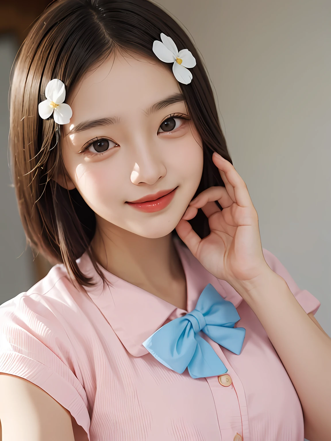 人物:Real people,Peerless beauty,cute female ,solo person,(((A girl with Hashimoto's facial features))), countenance:Delicate and beautiful facial features,Oily red lip,A sweet smile,ssmile,Smile without showing your teeth,Pure,Blushing face,Beautiful CG, Body:Delicate skin,Shiny,Moisturizes skin, dressed in:((bunnygirl)),(Pink translucent top 1.5),(Blue and red)Smart bow tie,button to undo the picture quality:Highest image quality,tmasterpiece, Faraway view, Rating:Safety