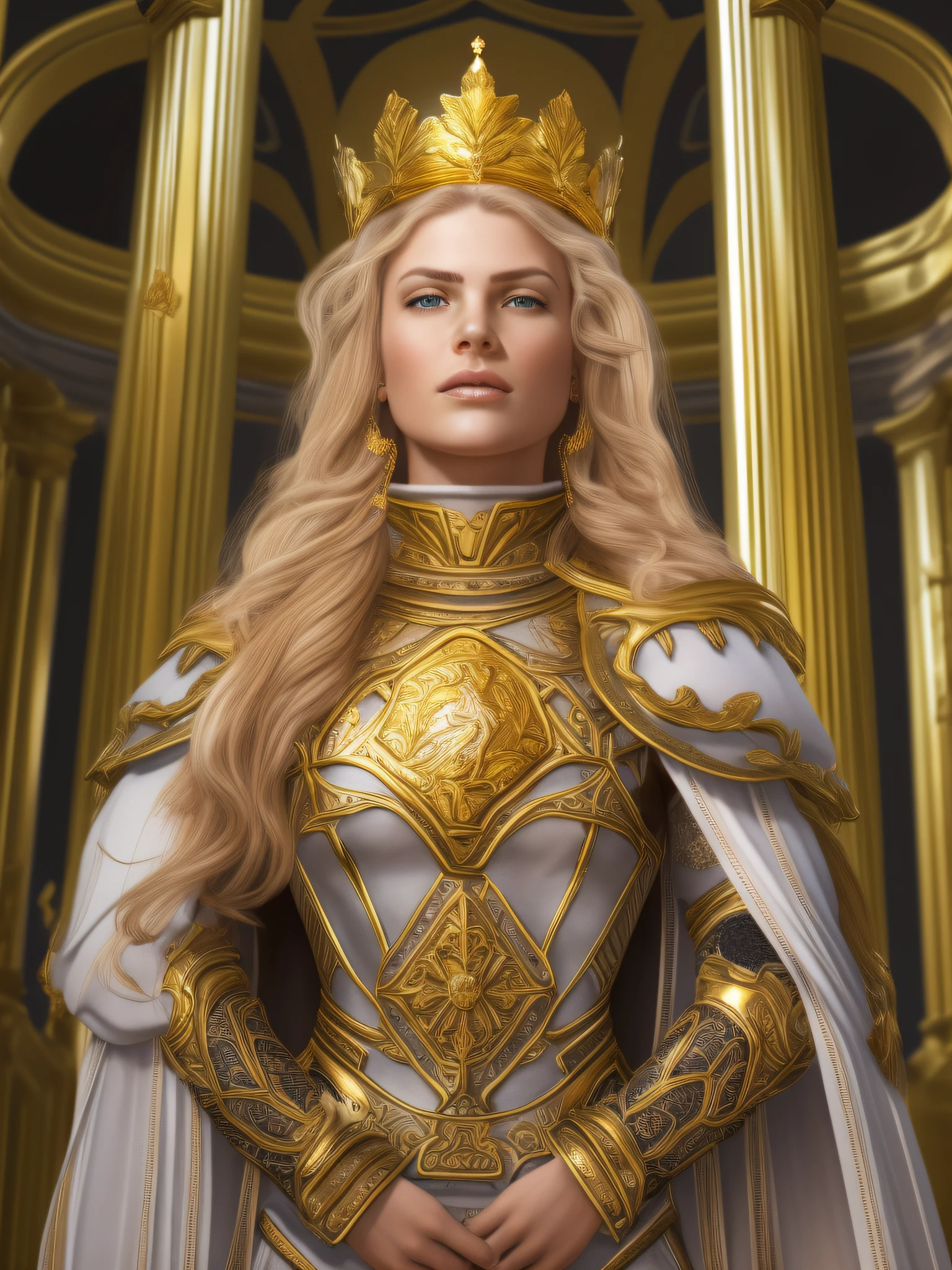 A hyper-realistic image of a beautiful 30-year-old woman. She is a Victorian-era empress and is considered a saint. She has white skin and blonde hair, with a few braids. She is wearing full armor of golden color. The armor has a sun symbol on the chest. She has a serious and strict look. She has a small golden crown on her head. She has a golden aura around her. The background is her palace interior, with marble columns. - realistic face, skin details, masterpiece, beautiful face, top model, 4k, high resolution, close to perfection, detailed face, detailed skin, photography style, beautiful face, strong details, armor details