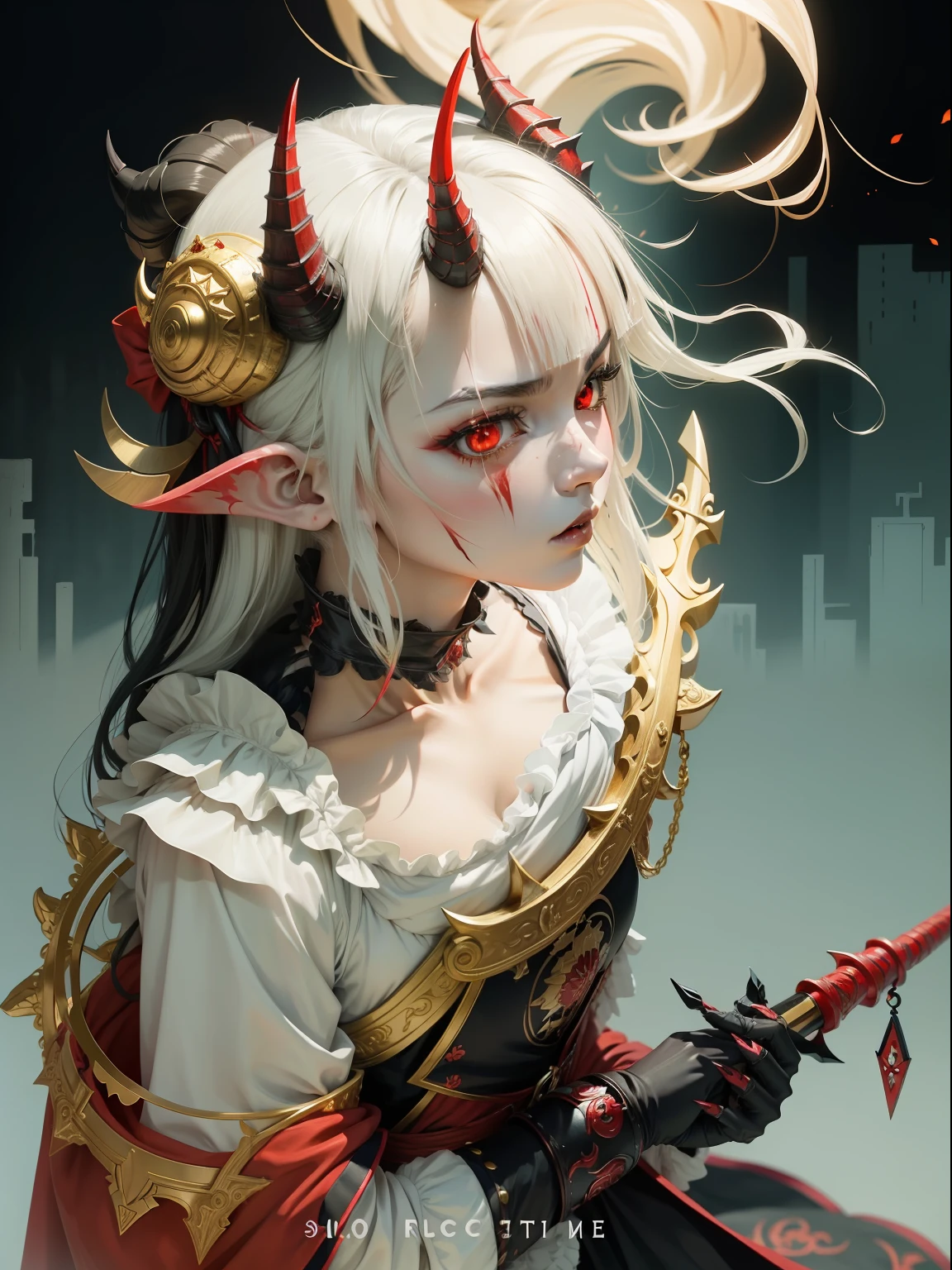 An anime style girl，The head has two horns，Blood-black hair，With a mask made of gold，((Very detailed))，Wearing a red and black robe，He wears a sword with a dragon motif，The eyes are murderous and fierce