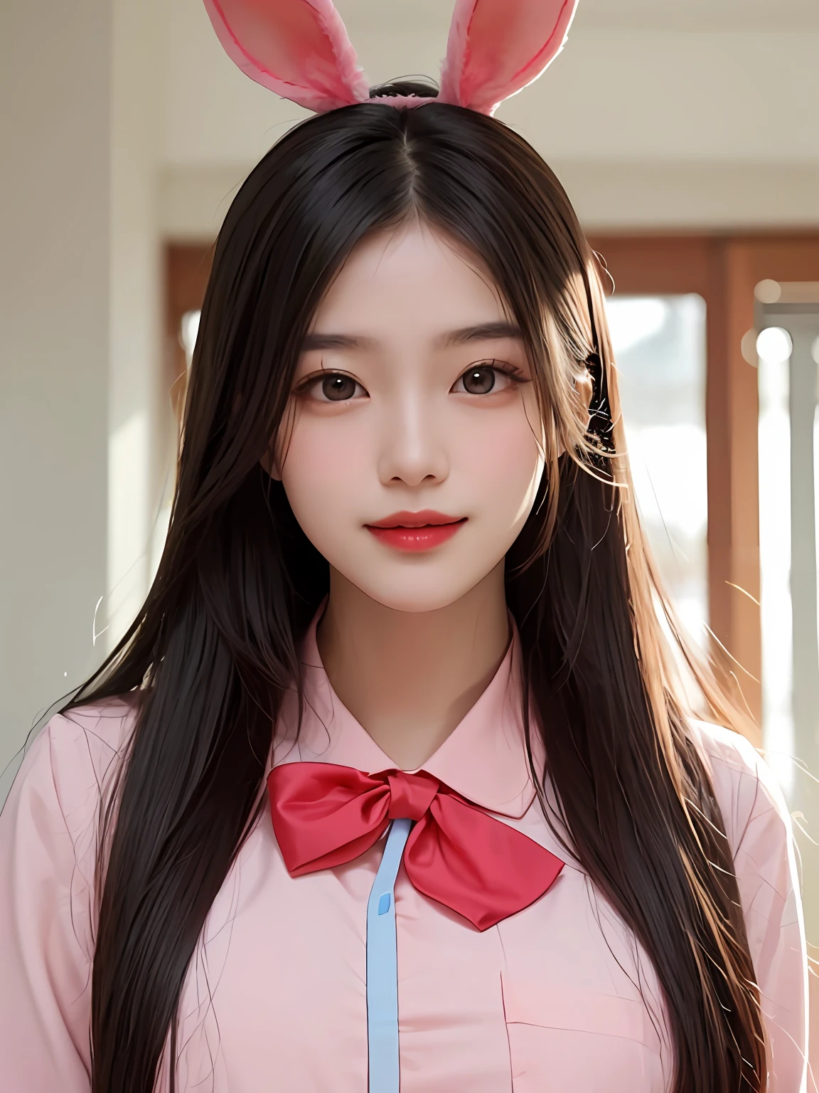 人物:Real people,Peerless beauty,cute female child,solo person,(((A girl with Zhao Jinmai's facial features))), countenance:Delicate and beautiful facial features,Oily red lip,A sweet smile,ssmile,Smile without showing your teeth,Pure,Blushing face,Beautiful CG, Body:Delicate skin,Shiny,Moisturizes skin, dressed in:((bunnygirl)),(Pink translucent top 1.5),(Blue and red)Smart bow tie,button to undo the picture quality:Highest image quality,tmasterpiece, Faraway view, Rating:Safety