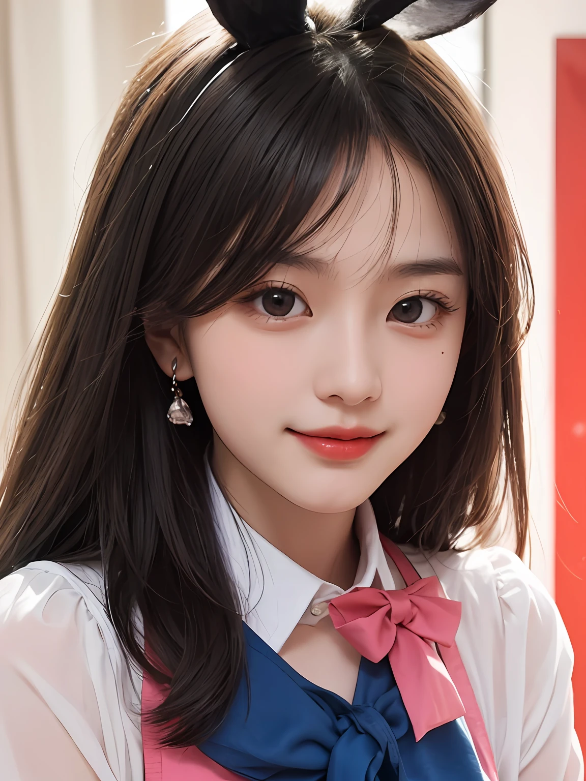 人物：Real people，Peerless beauty，cute female child，solo person,(((A girl with Zhao Jinmai's facial features))), countenance：Delicate and beautiful facial features，Oily red lip，A sweet smile，ssmile，Smile without showing your teeth，Pure，Blushing face，Beautiful CG， Body：Delicate skin，Shiny，Moisturizes skin， dressed in：（（bunnygirl）），（Pink translucent top 1.5），（Blue and red）Smart bow tie，button to undo the picture quality：Highest image quality，tmasterpiece， Faraway view， Rating：Safety