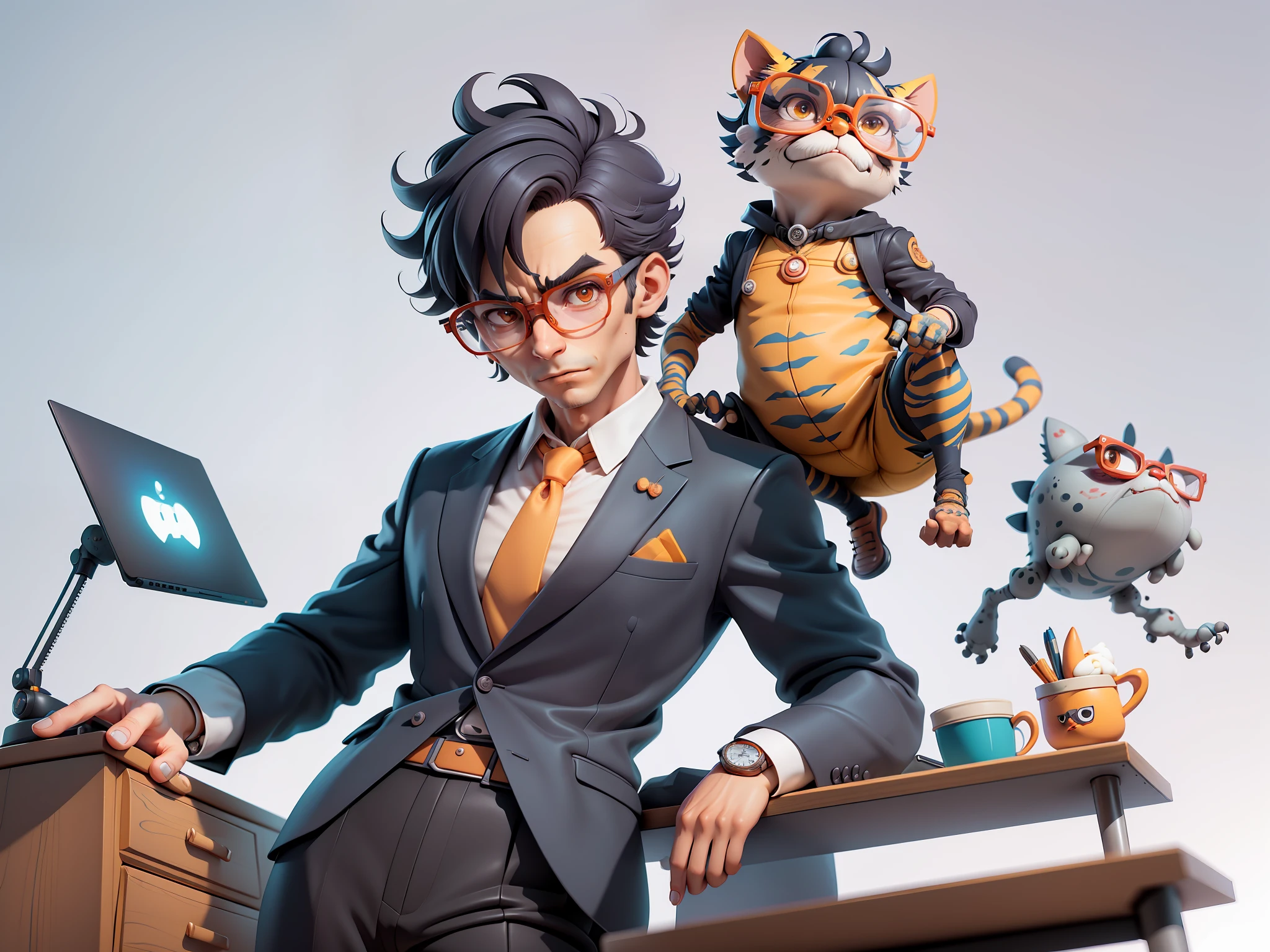 A young man in a suit, Short hair and glasses sat at his desk,holding laptop,digitial painting,tigre,3D character design by Mark Clairen and Pixar and Hayao Miyazaki and Akira Toriyama,4K HD illustration,Very detailed facial features and cartoon-style visuals。