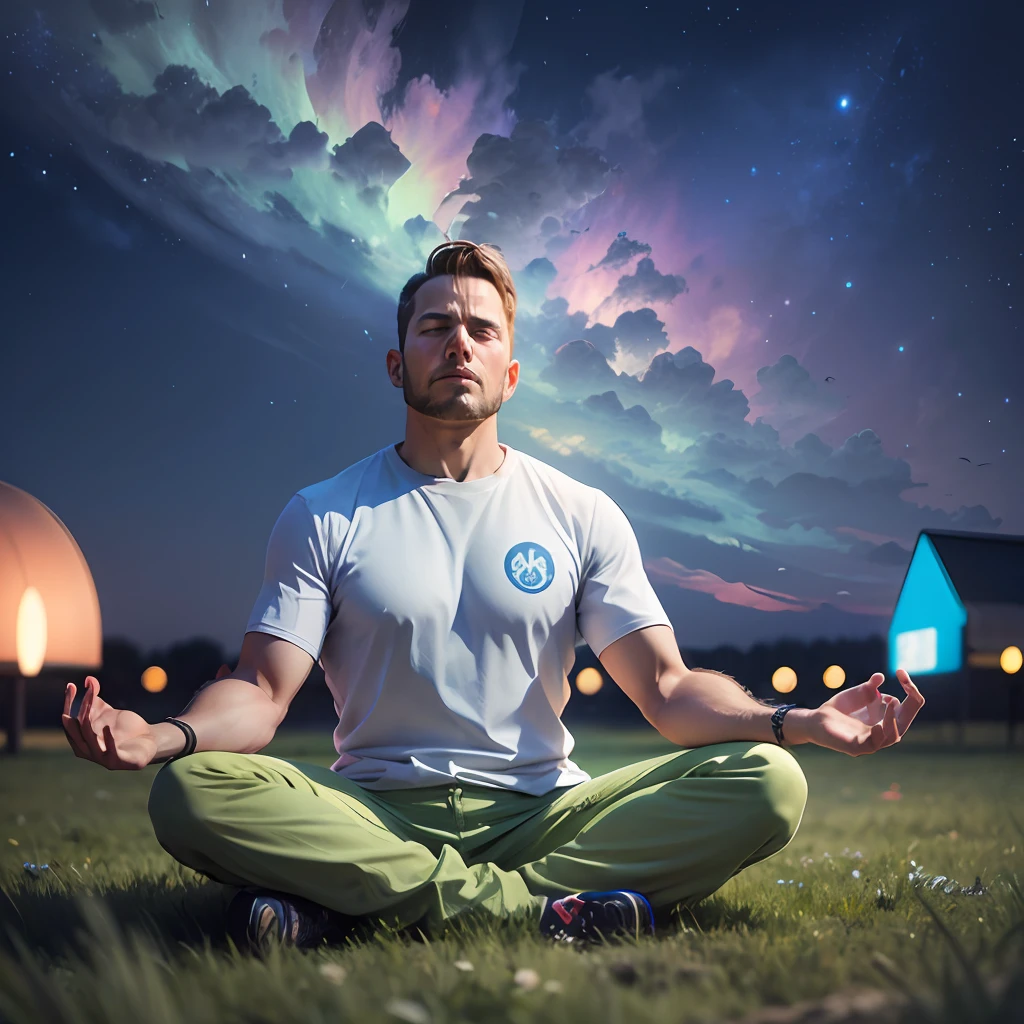 A 40-year-old man in a meditation position with colored lights around him, assis sur une pelouse dans une partie haute d'un paysage naturel, ciel bleu, oiseaux, vaisseaux spatiaux extraterrestres de couleur claire volant dans le ciel bleu, realistic image, 4k, -- ar 16:9 --auto --s2