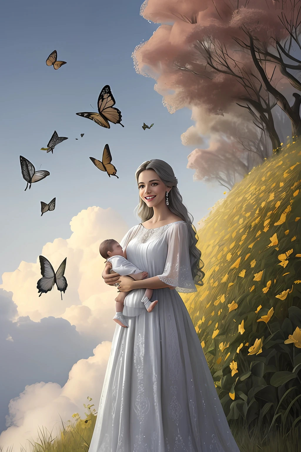 (64 mil, Foto RAW, melhor qualidade, obra-prima: 1.2), ultra-detalhado, arte formal, renderizado: 1.37, foto na parte superior do corpo, ( ("Um homem de meia-idade ,cabelo ,slightly gray standing, Carefully holding a cute newborn baby, Both appear to be floating in the clouds in the sky.,They're both smiling happily, cercados por uma aura de tranquilidade e serenidade., The scenery is of a stunning places r, cheio de paz e harmonia, conveying a feeling of love and connection between man and baby."),Beleza, ,sorrindo e ele sorri, standing up pose,Butterflies and birds),detalhes,Rosas,flor),detalhes