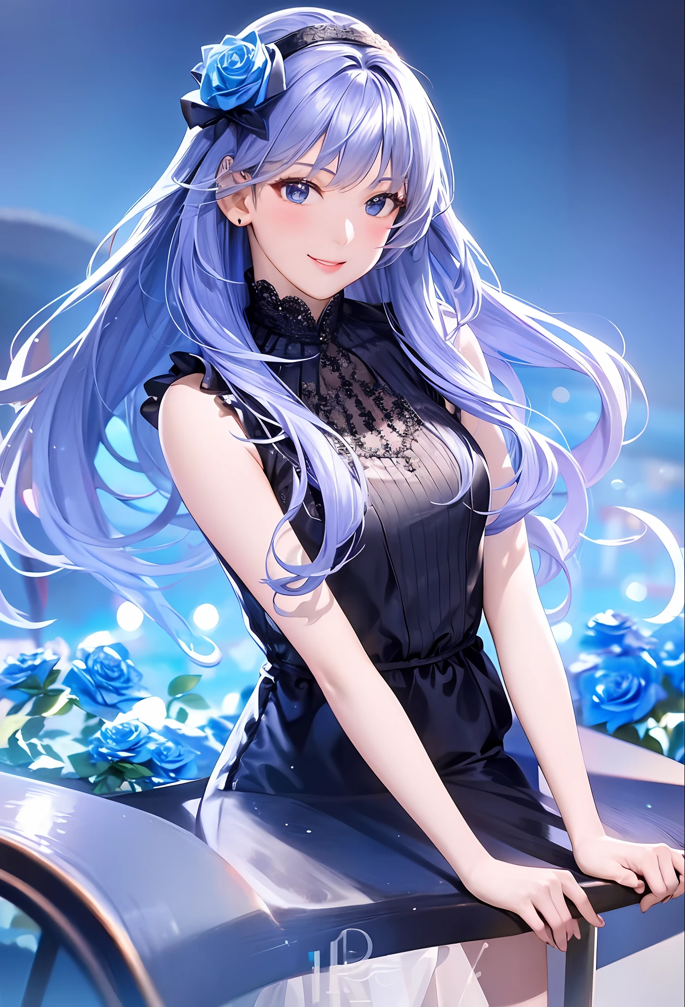 (8k, top quality, masterpiece: 1.2), (realistic, photorealistic: 1.37), super detailed, girl alone, cute, solo, midnight, beautiful detailed sky, detailed café, sitting, dating, (blush), (smile: 1.15), small breasts (mouth closed), beautiful fine eyes, floating hair NovaFrogStyle, back open dress, blue rose accessories, Blue rose background