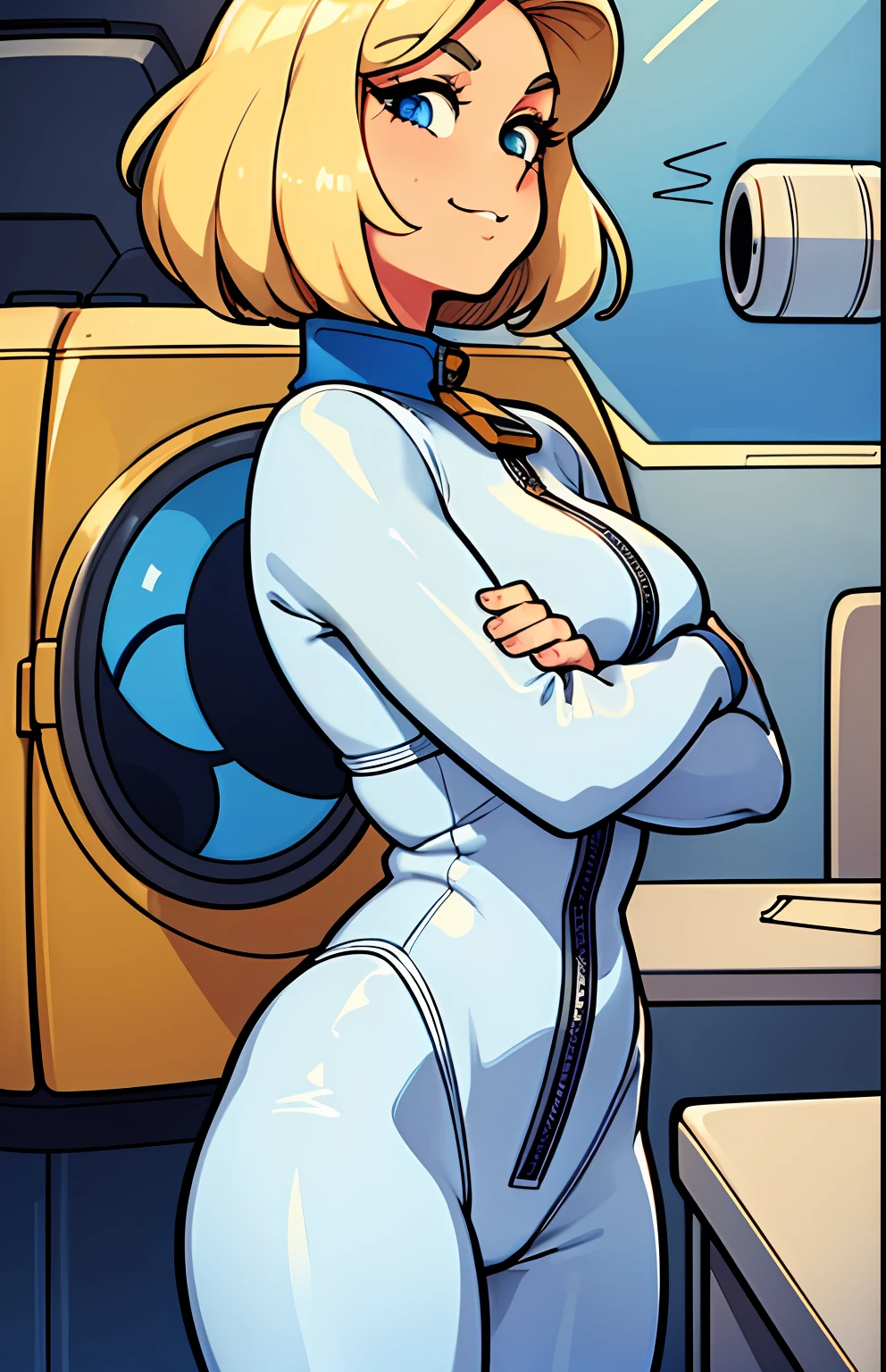 high res, 1girl, mature female,blonde hair, medium hair, beautiful perfect eyes, retro-futurism astronaut suit, inside a retro furniture rocket, beautiful background, perfect eyes, profiles, sexy pose, zero gravity, sharp thick outlines, sense of awe, epic, beautiful smile,