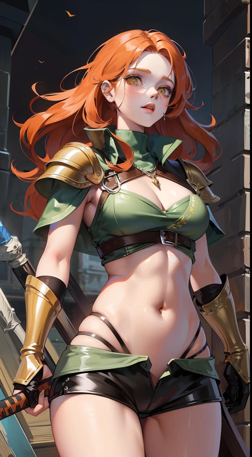 adult girl, long curly orange hair, The Witcher's Yellow Eyes, Green sleeveless top, open belly, musculature, leather armour, sword, Masterpiece, hiquality