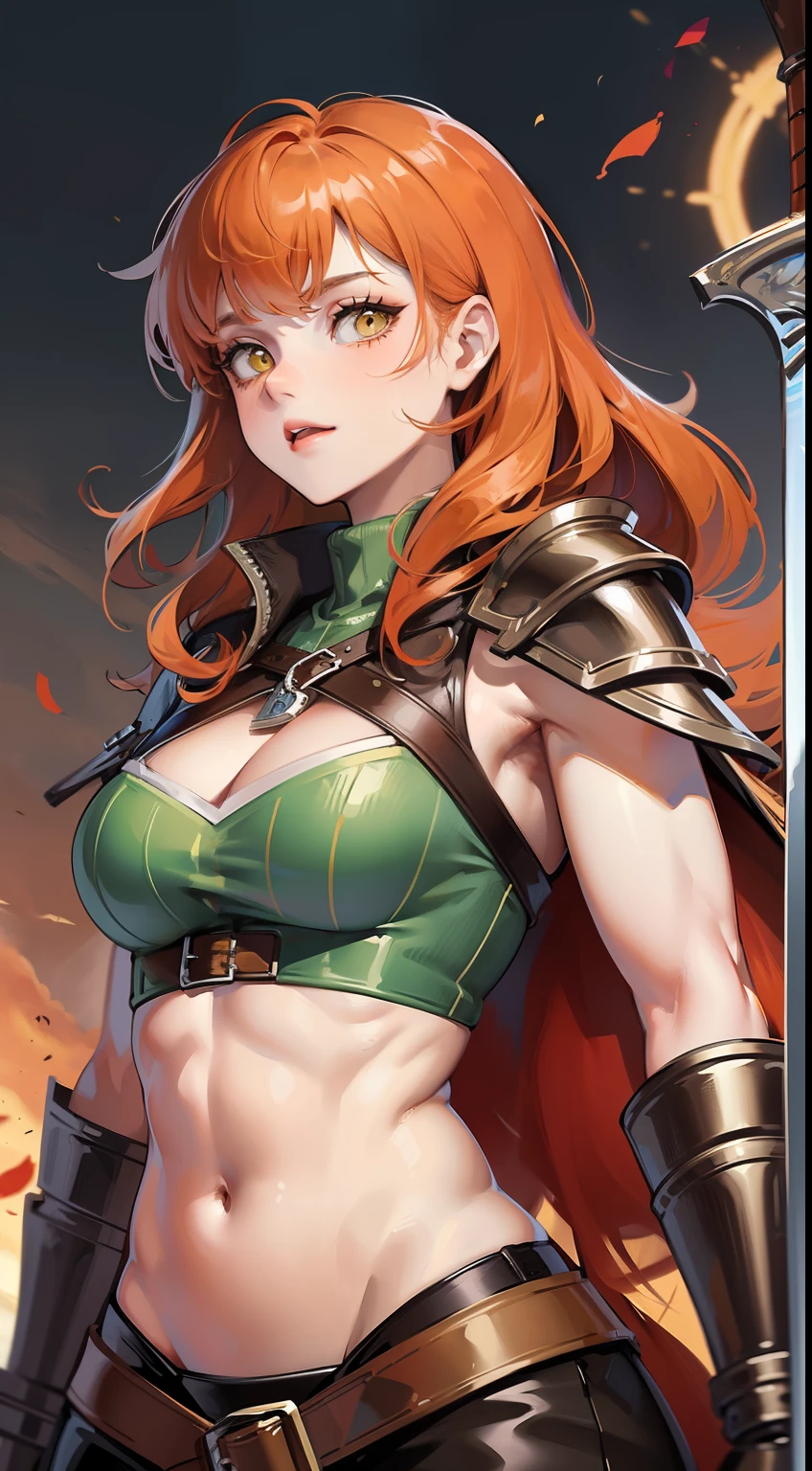 adult girl, long curly orange hair, The Witcher's Yellow Eyes, Green sleeveless top, open belly, musculature, leather armour, sword, Masterpiece, hiquality