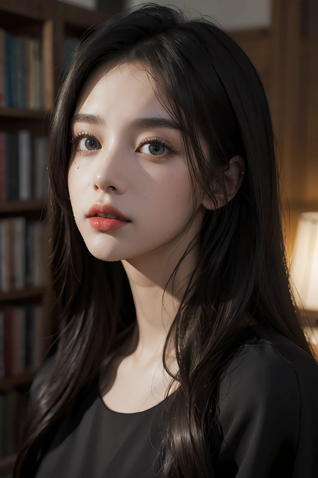 styled: Pure+ultra-realistic realism, Fair skin texture, Bright eyes, lightand shade contrast, high textured, ultra HD picture quality, High nose, dynamic angle, Light tracing, Realism, offcial art, Unity 8k壁纸, Ultra detailed paintings, A masterpiece of beauty, best qualityer,Harmony ingredients Glow, movie level lighting, Wear a black dress,Redlip,Long straight hair,libraryai,18-year-old girl