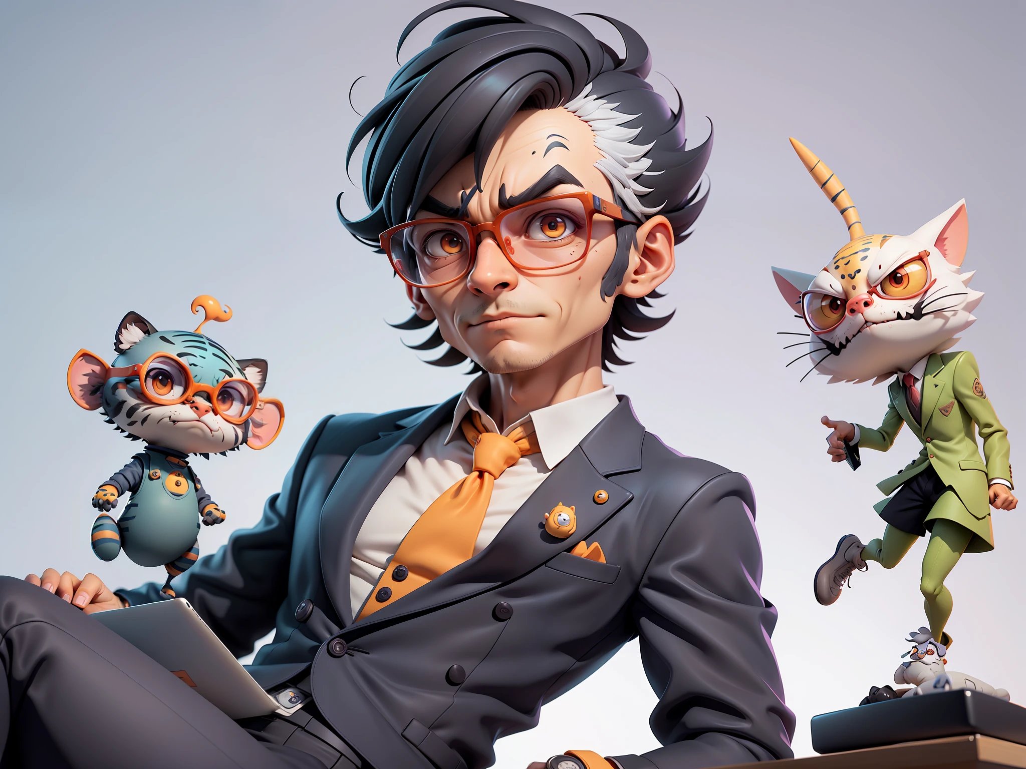 A young man in a suit, Short hair and glasses sat at his desk,holding laptop,digitial painting,tigre,3D character design by Mark Clairen and Pixar and Hayao Miyazaki and Akira Toriyama,4K HD illustration,Very detailed facial features and cartoon-style visuals。