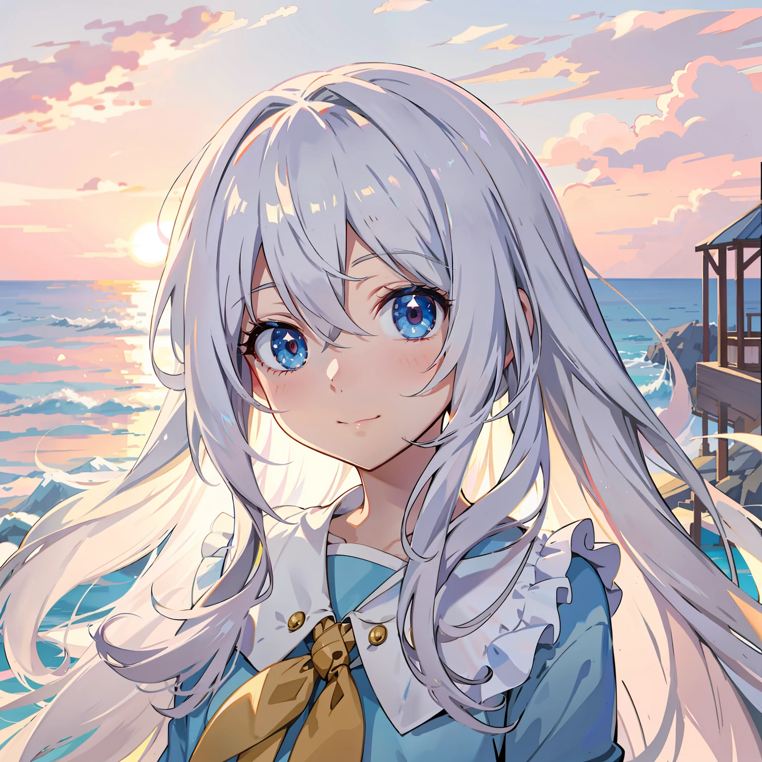 anime girl with long white hair and blue eyes standing on a beach, anime visual of a cute girl, a beautiful anime portrait, Girl with white hair, Perfect white haired girl, Beautiful anime girl, pretty anime girl, High Quality Anime Art Style, Soft anime illustration, Cute anime girl, up of young anime girl, clean and meticulous anime art, Cute anime girl portrait, beautiful anime art style，long whitr hair。