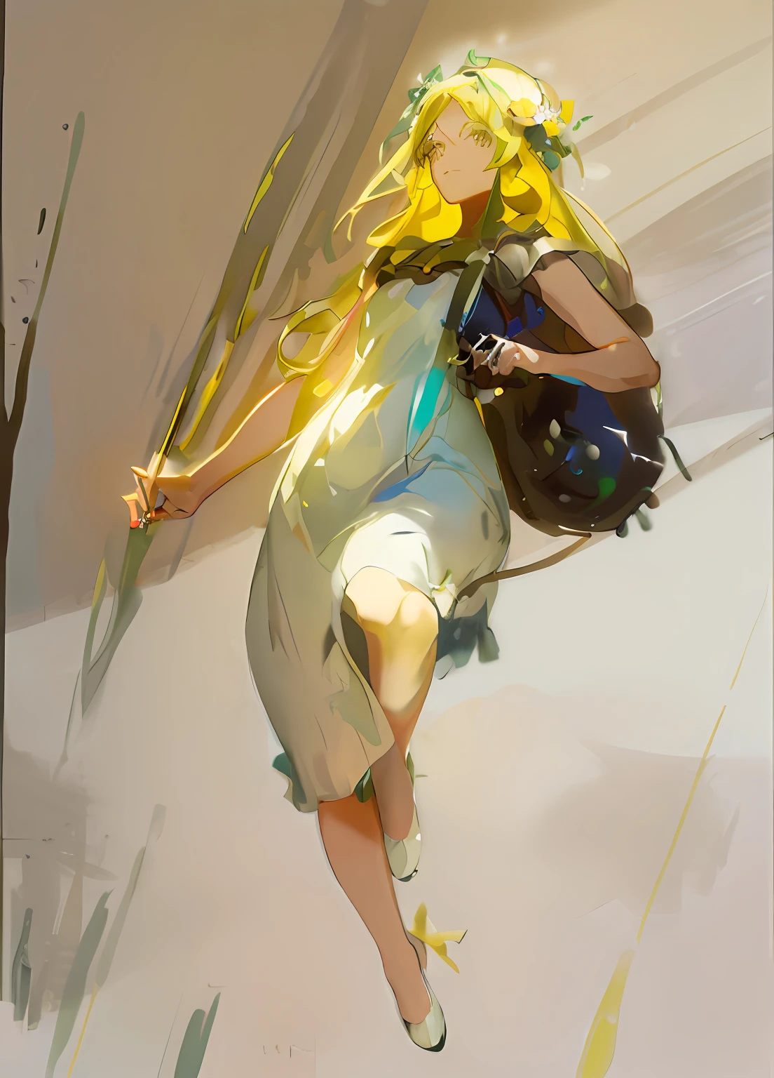 Draw a woman in a yellow dress,A flower stuck in his hair, drawn in anime painter studio, made with anime painter studio, color study, speedpaint, Digital painting style, speedpainting, speed painting, rob rey and kentarõ miura style, # 1 digital paintting of all time, #1 digital paintting of all time, oil digital painting