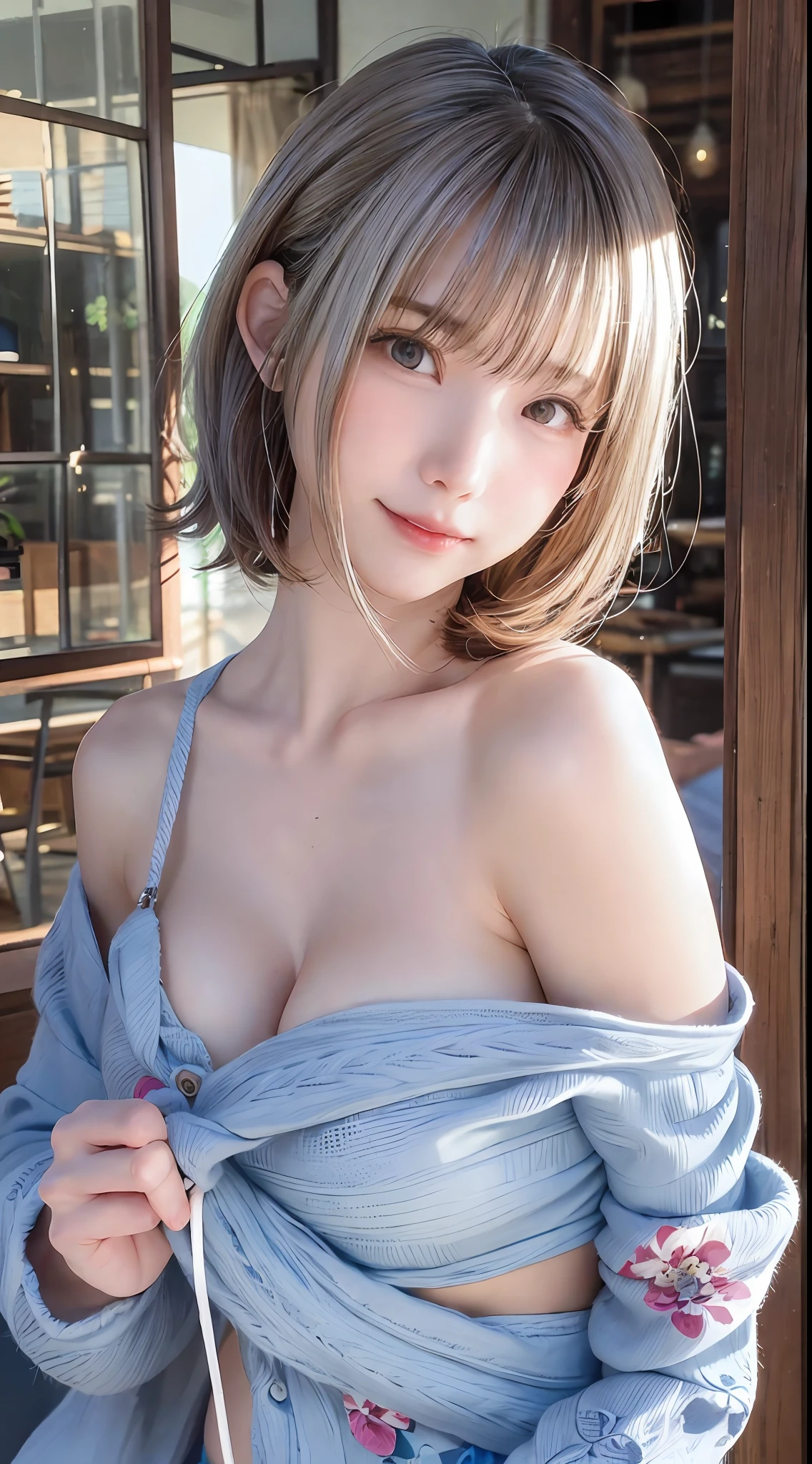 Beautiful coast in summer、((The face is Enako of a cosplayer))、absurdity, 8K、 Best Quality, masuter piece、high detail photo, Professional Photography, Cinematic lights,  (Best Quality),  ((A slender))、 Sexy summer pink floral yukata with wide open breasts, Fully open yukata, Full Wide Open Chest, Bare shoulders,  (kindly smile)、((short wavy silver hair))、