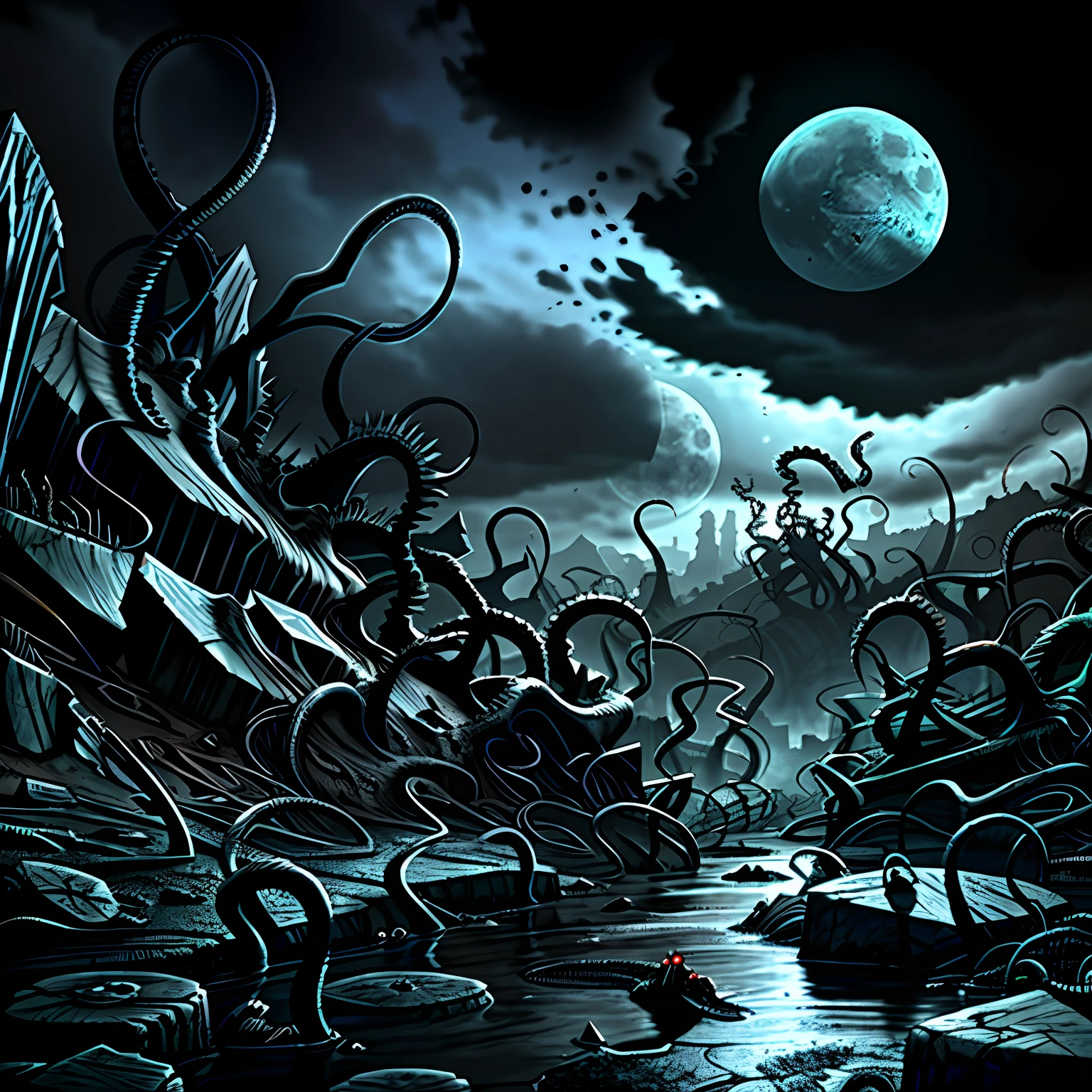 Madness evil landscape. Tentacles rising from the abyss, polluted river, macabre cemetery, bloody moon, unreal engine, UHD sketch color drawing