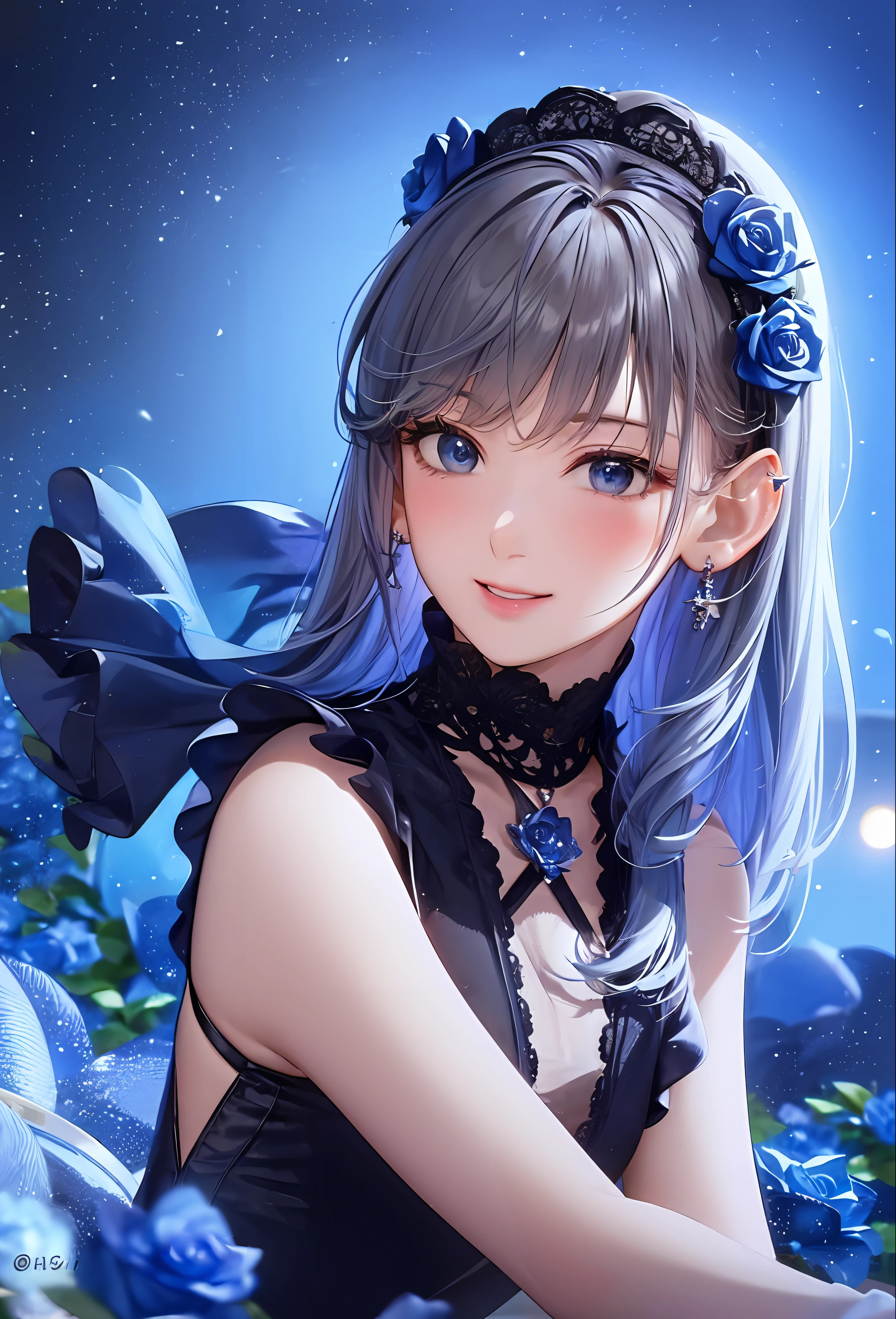 (8k, top quality, masterpiece: 1.2), (realistic, photorealistic: 1.37), super detailed, girl alone, cute, solo, midnight, beautiful detailed sky, detailed café, sitting, dating, (blush), (smile: 1.15), small breasts (mouth closed), beautiful fine eyes, floating hair NovaFrogStyle, back open dress, blue rose accessories, Blue rose background