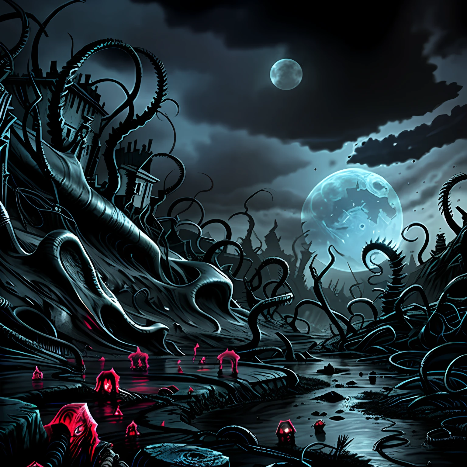 Madness evil landscape. Tentacles rising from the abyss, polluted river, macabre cemetery, bloody moon, unreal engine, UHD sketch color drawing