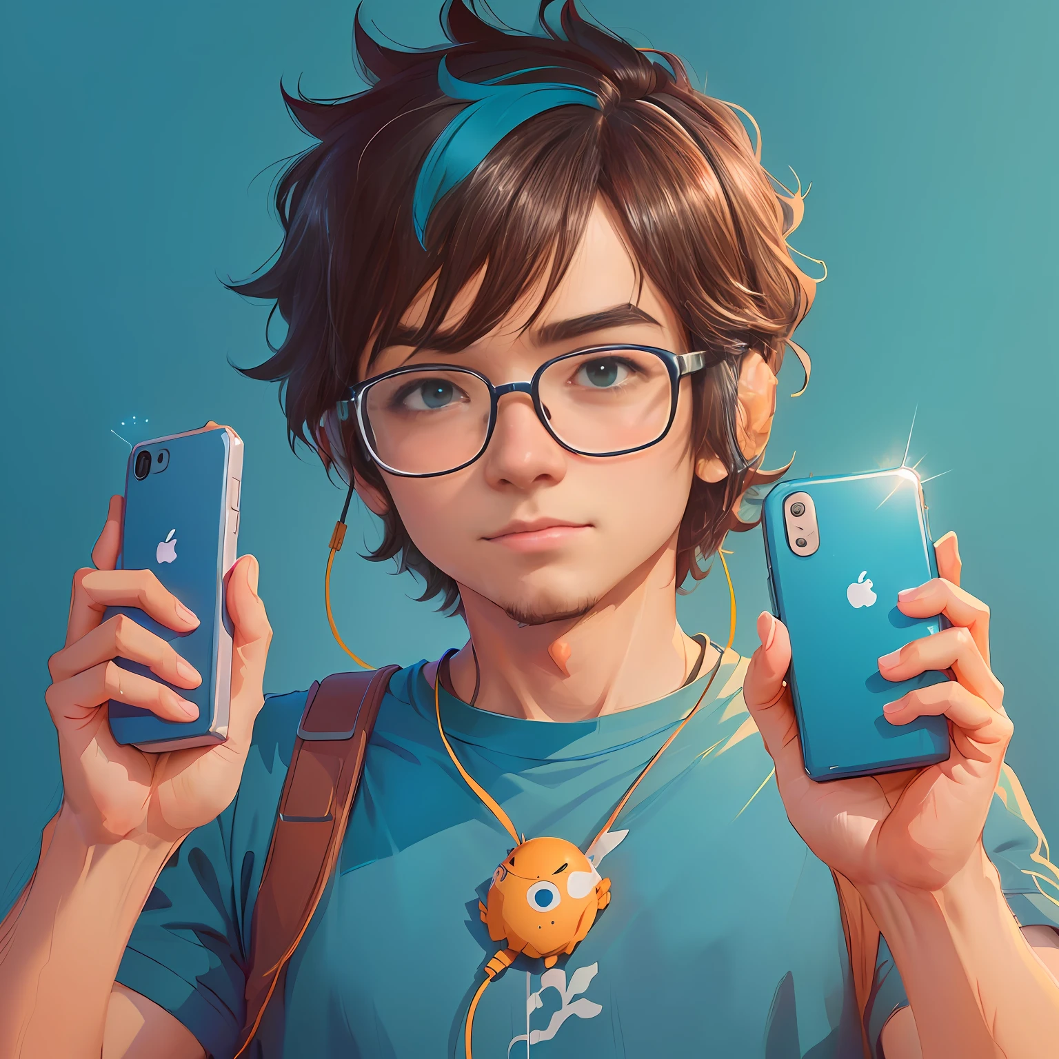 There is a man holding two cell phones and a cell phone, Artgerm e Atey Ghailan, Cyril Rolando e Goro Fujita, Arte no estilo de Guweiz, Rob Rey e Kentaro Miura Estilo, Digital anime illustration, 2d illustration, 2d illustration, Beeple e Jeremias Ketner, Estilo Ross Tran