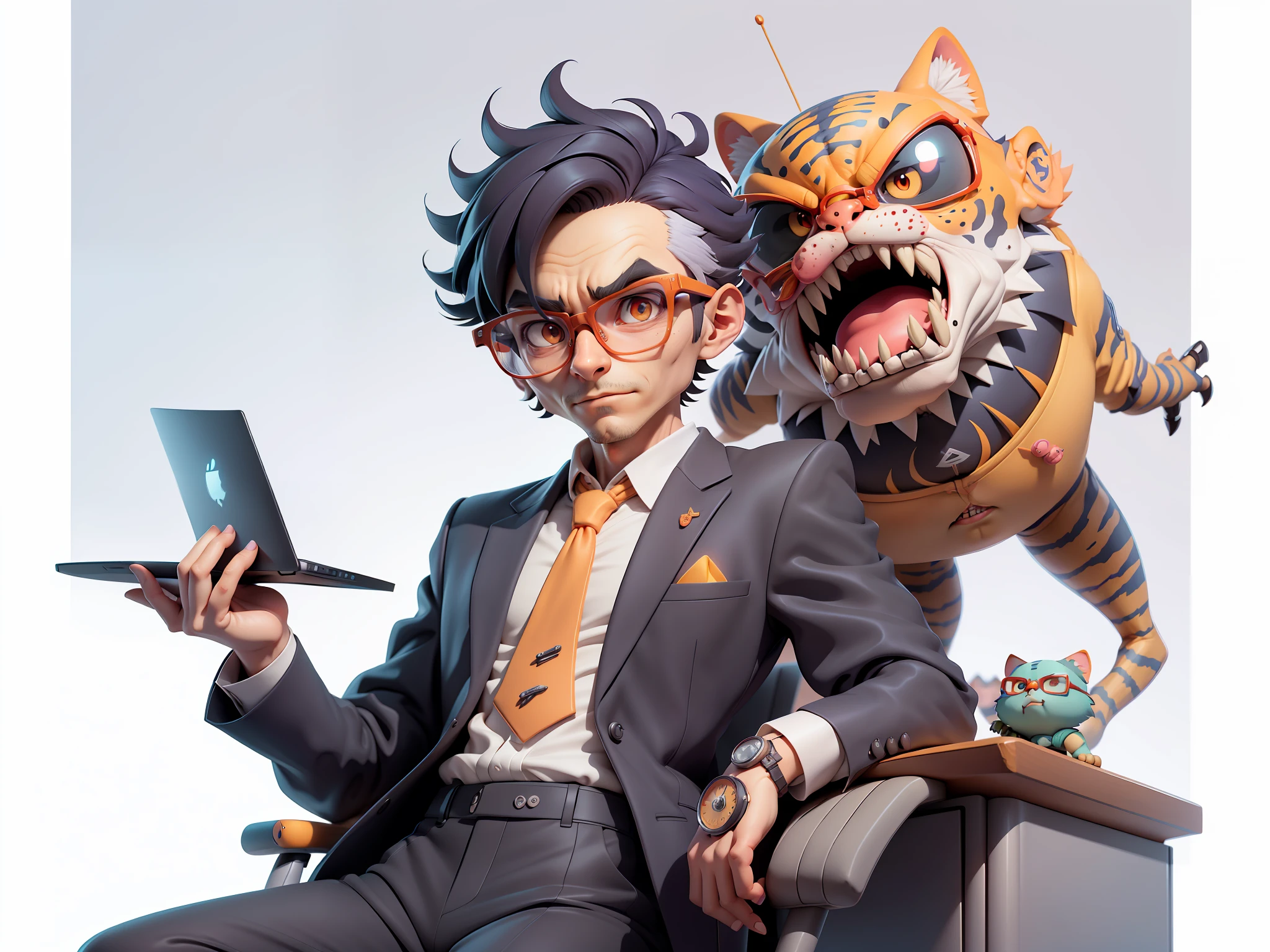 A young man in a suit, Short hair and glasses sat at his desk，holding laptop，digitial painting，tigre，3D character design by Mark Clairen and Pixar and Hayao Miyazaki and Akira Toriyama，4K HD illustration，Very detailed facial features and cartoon-style visuals。
